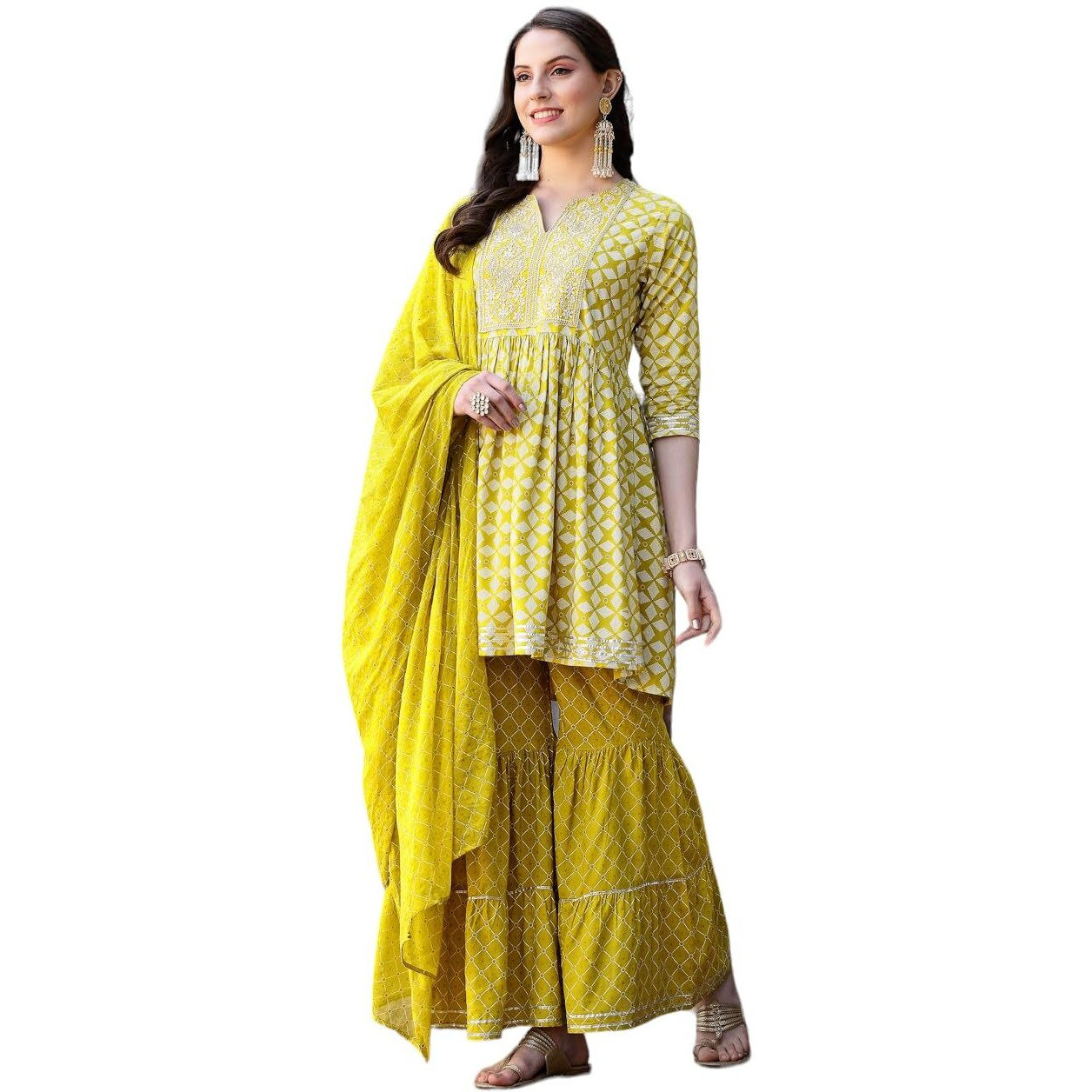 Stylum Women's Geomatric Printed & Embroidered Rayon Pleated Kurta Sharara Dupatta Set (KSDYELLOWPAKHI38_Yellow, M)
