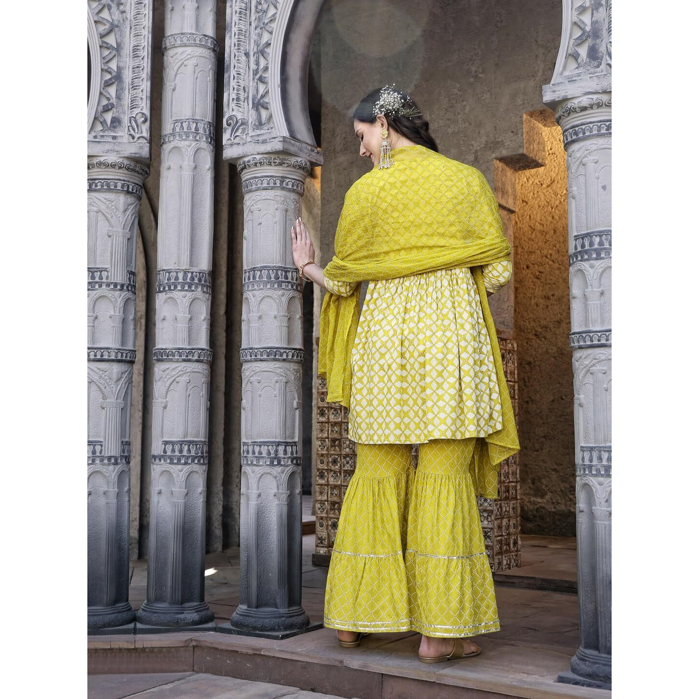 Stylum Women's Geomatric Printed & Embroidered Rayon Pleated Kurta Sharara Dupatta Set (KSDYELLOWPAKHI38_Yellow, M)
