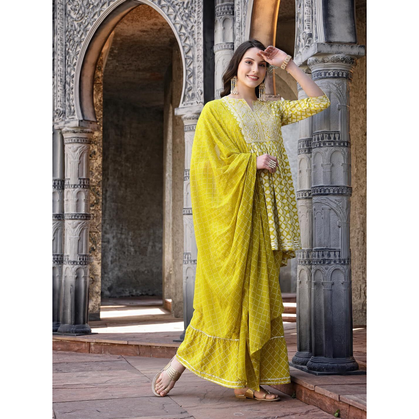 Stylum Women's Geomatric Printed & Embroidered Rayon Pleated Kurta Sharara Dupatta Set (KSDYELLOWPAKHI38_Yellow, M)