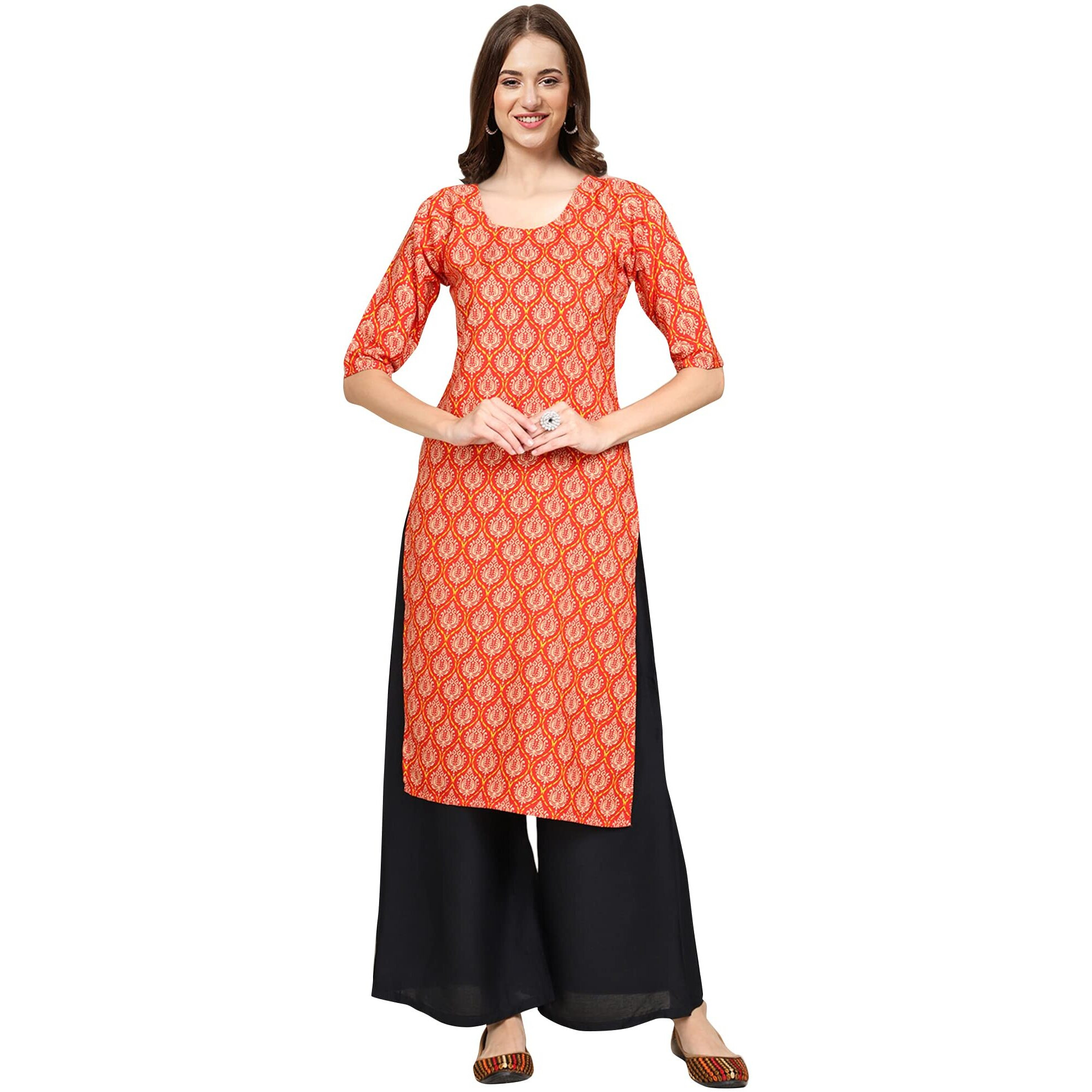 Pinkmint Women's Crepe Orange Color Embellished Printed Straight Kurti(MD-530354_M)