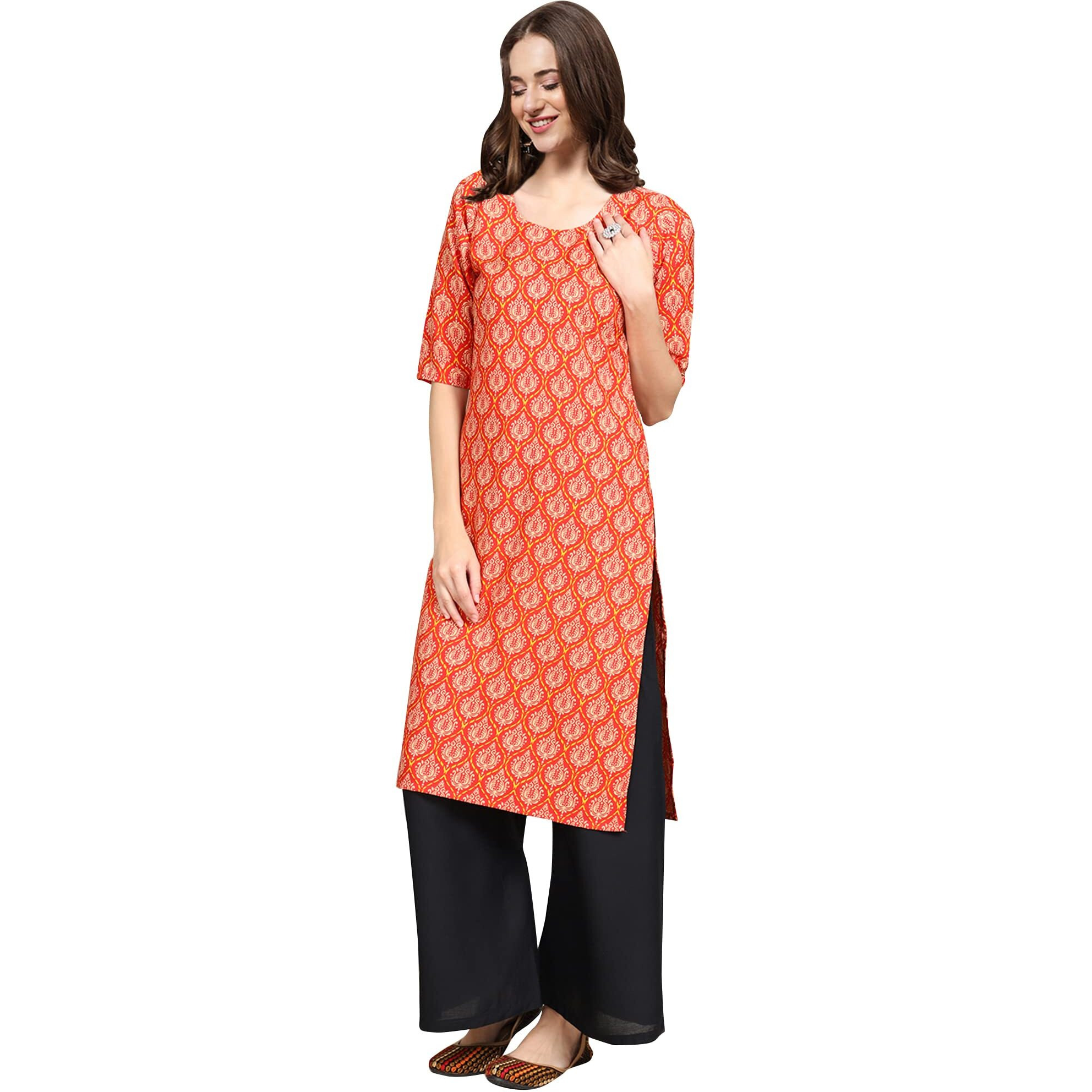 Pinkmint Women's Crepe Orange Color Embellished Printed Straight Kurti(MD-530354_M)
