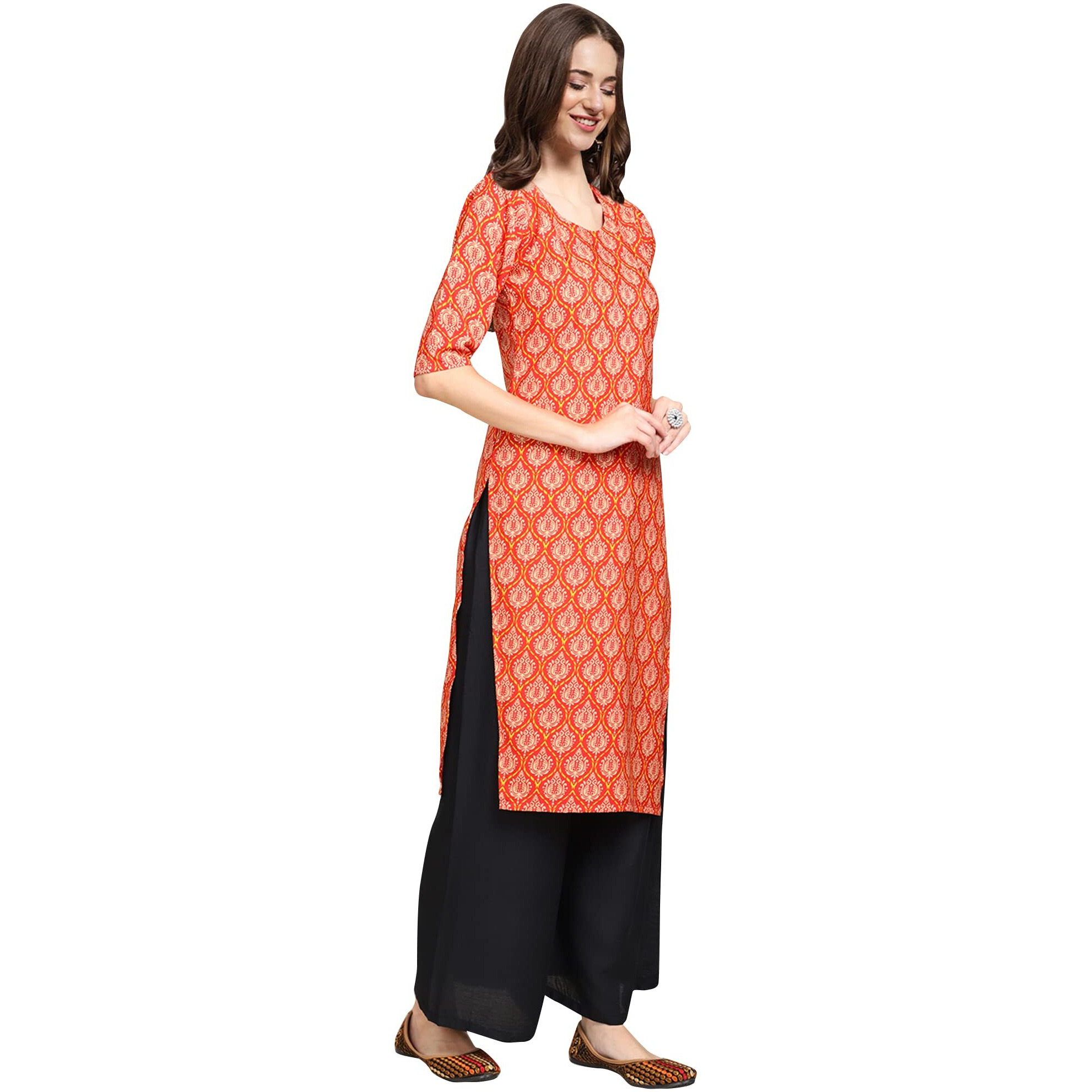 Pinkmint Women's Crepe Orange Color Embellished Printed Straight Kurti(MD-530354_M)