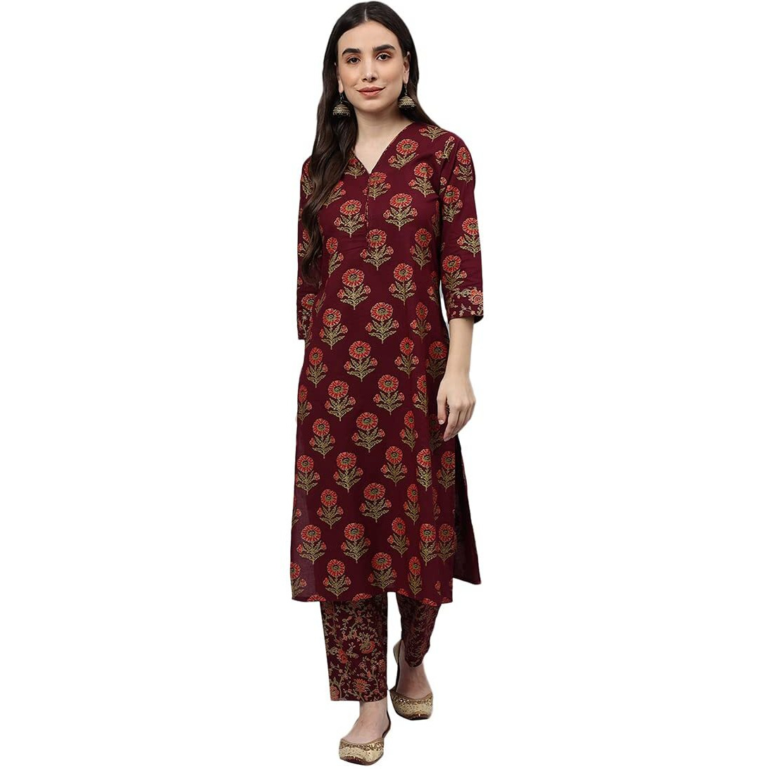 idaLia Maroon Gold Printed Cotton Kurta Set