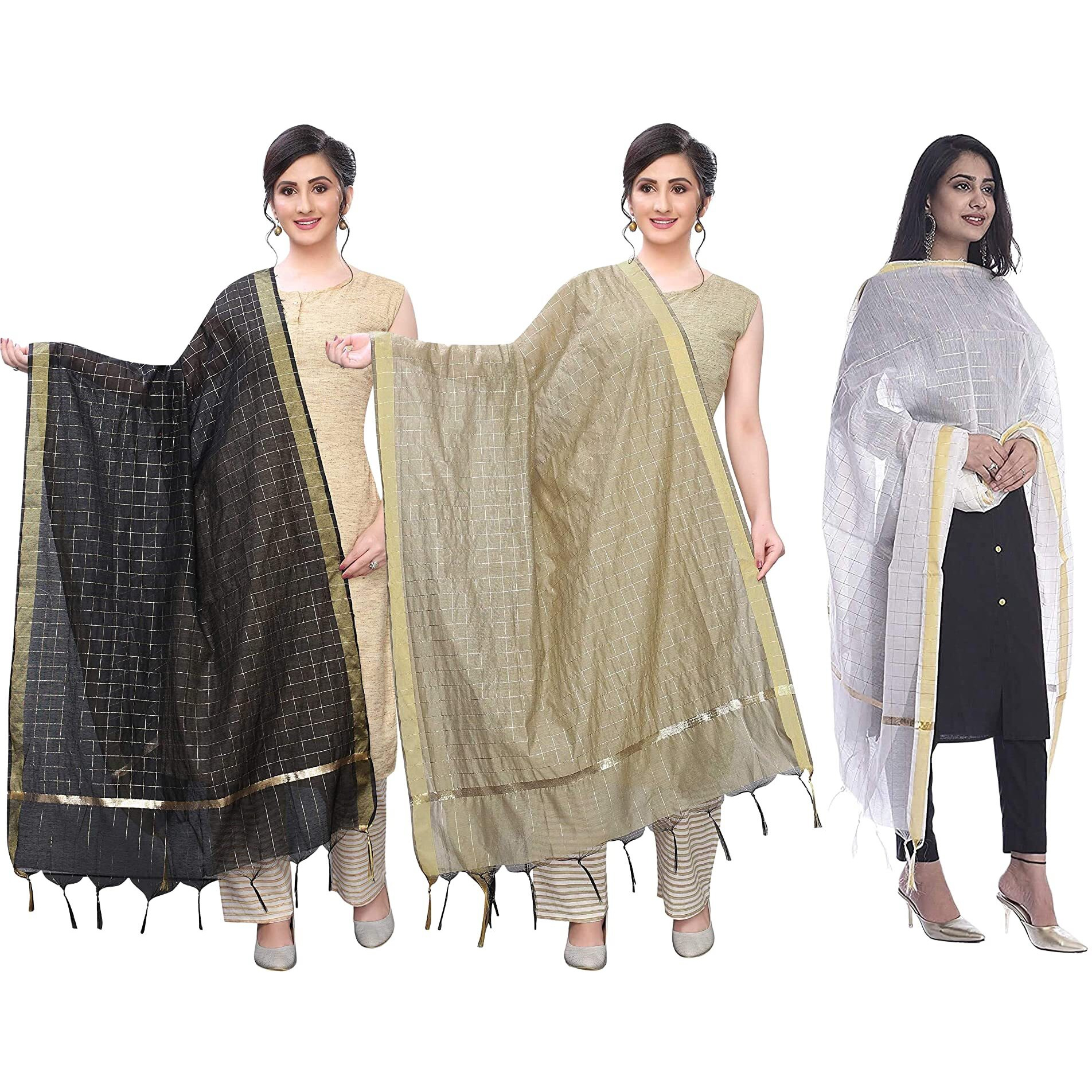 KEMZA Women's Zari Work Chanderi Silk Dupatta (Black-Beige-White) Combo Pack of 3 | Banarasi Dupatta For Girls