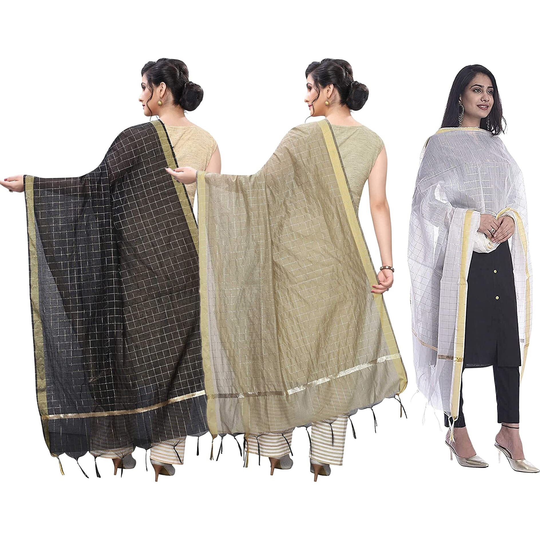 KEMZA Women's Zari Work Chanderi Silk Dupatta (Black-Beige-White) Combo Pack of 3 | Banarasi Dupatta For Girls