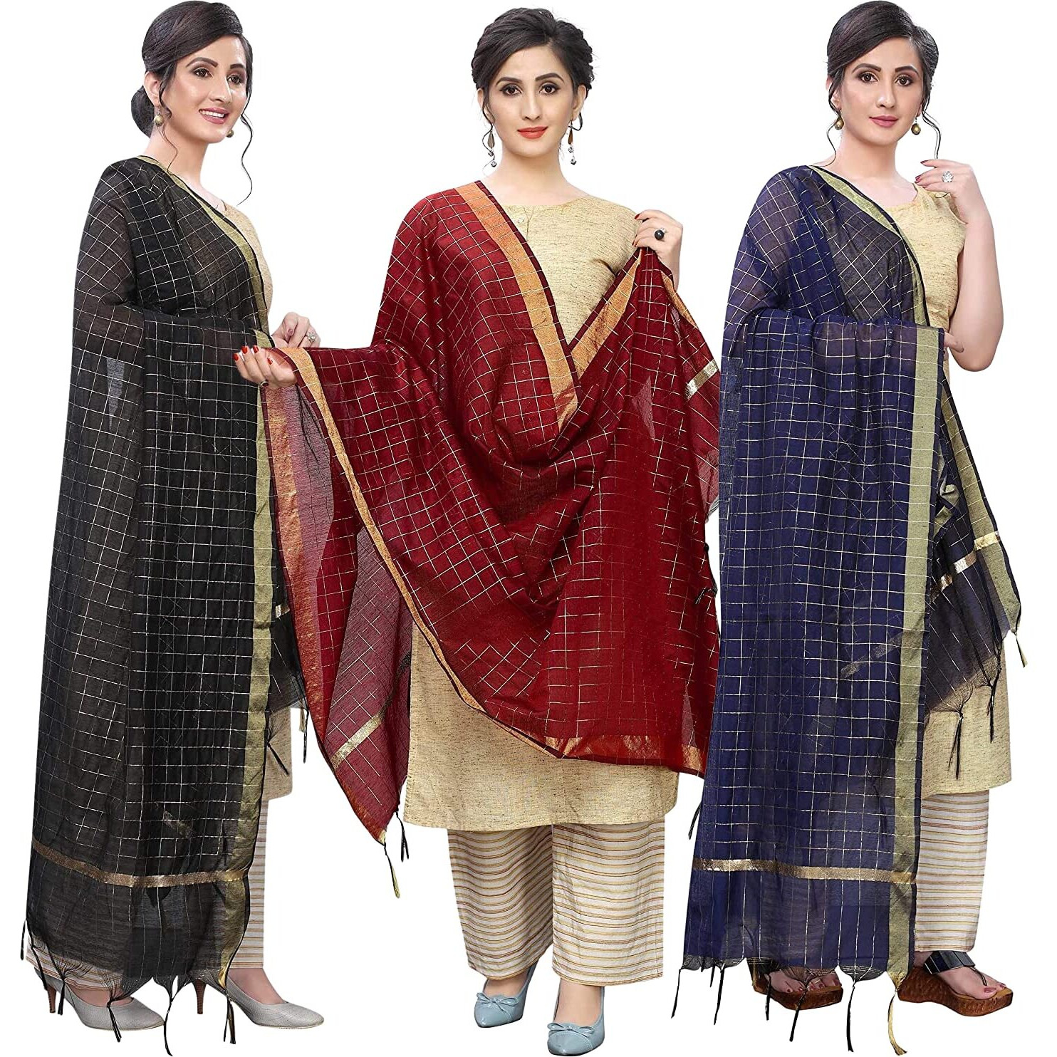 KEMZA Women's Zari Work Chanderi Silk Dupatta (Black-Maroon-Navy Blue) Combo Pack of 3 | Banarasi Dupatta For Girls