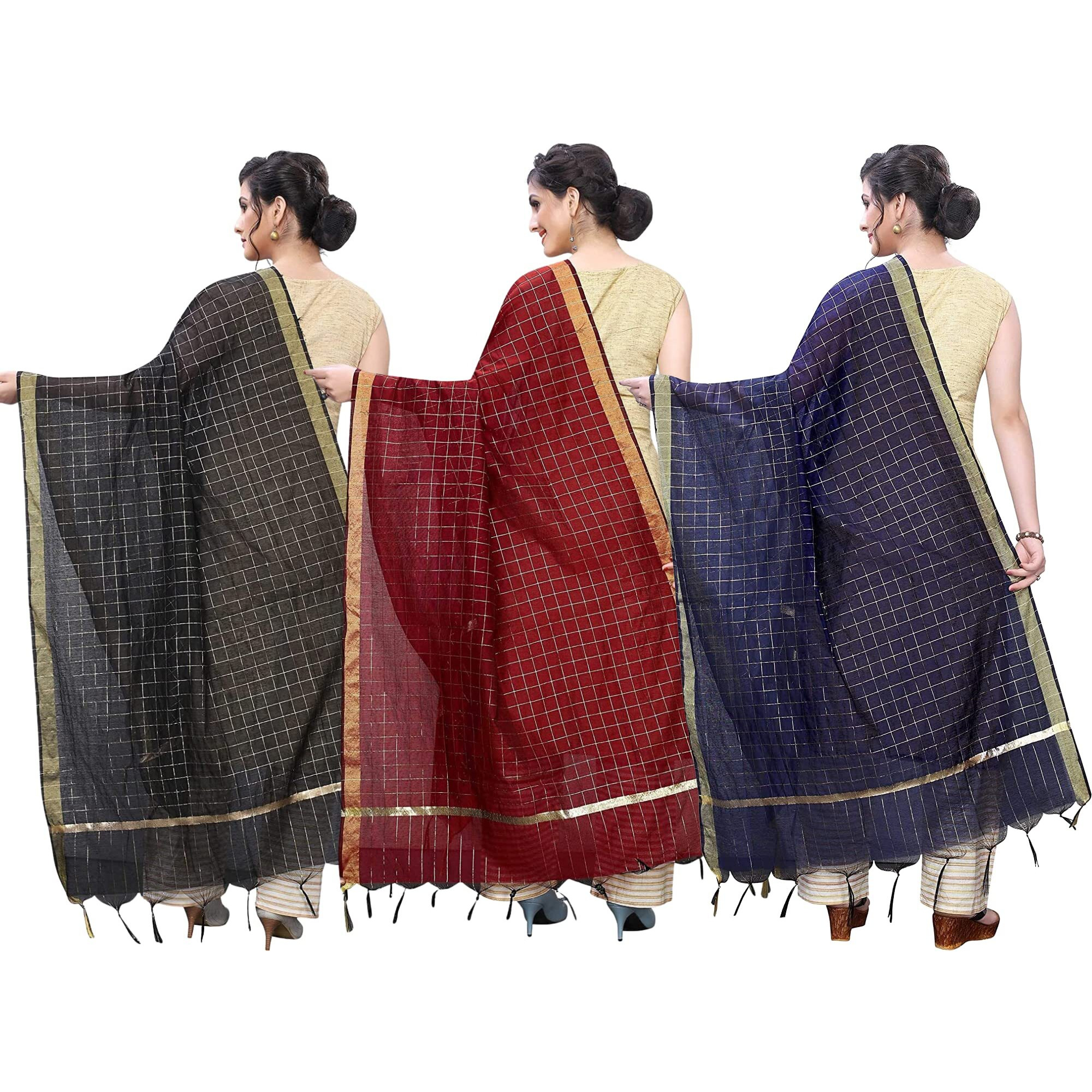 KEMZA Women's Zari Work Chanderi Silk Dupatta (Black-Maroon-Navy Blue) Combo Pack of 3 | Banarasi Dupatta For Girls