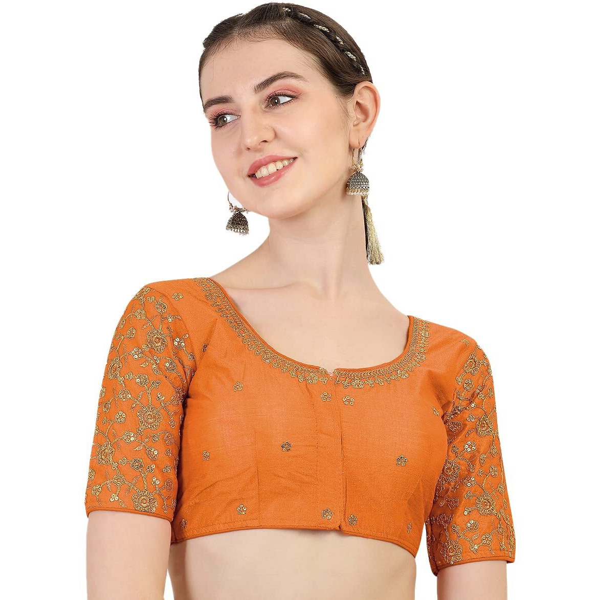 Pujia Mills Women's Silk Checkered Half Sleeve Blouse (Orange Flower BLOUSE36_Orange_36)