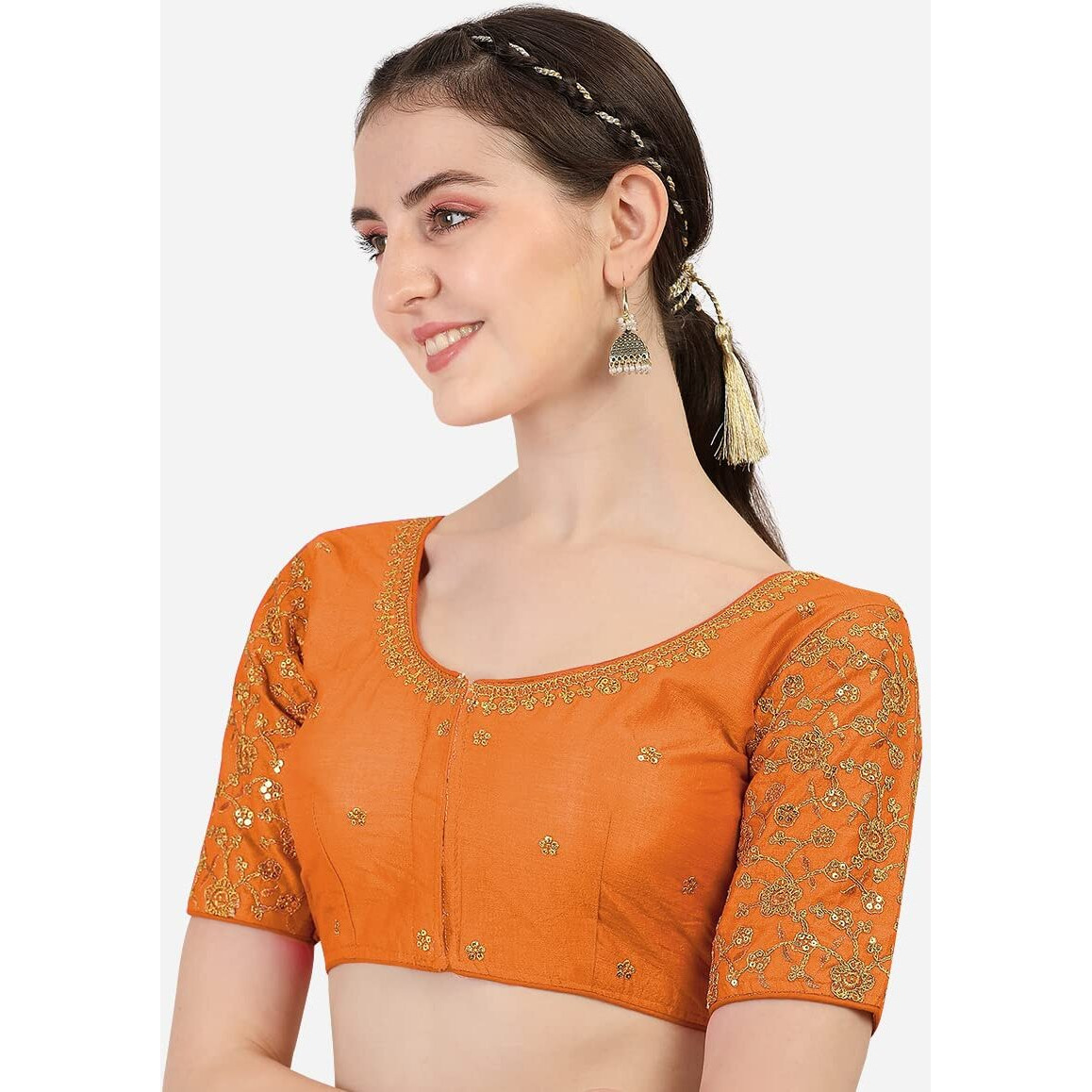 Pujia Mills Women's Silk Checkered Half Sleeve Blouse (Orange Flower BLOUSE36_Orange_36)