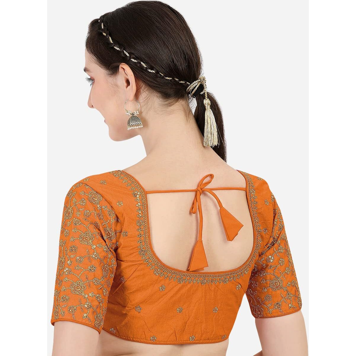 Pujia Mills Women's Silk Checkered Half Sleeve Blouse (Orange Flower BLOUSE36_Orange_36)