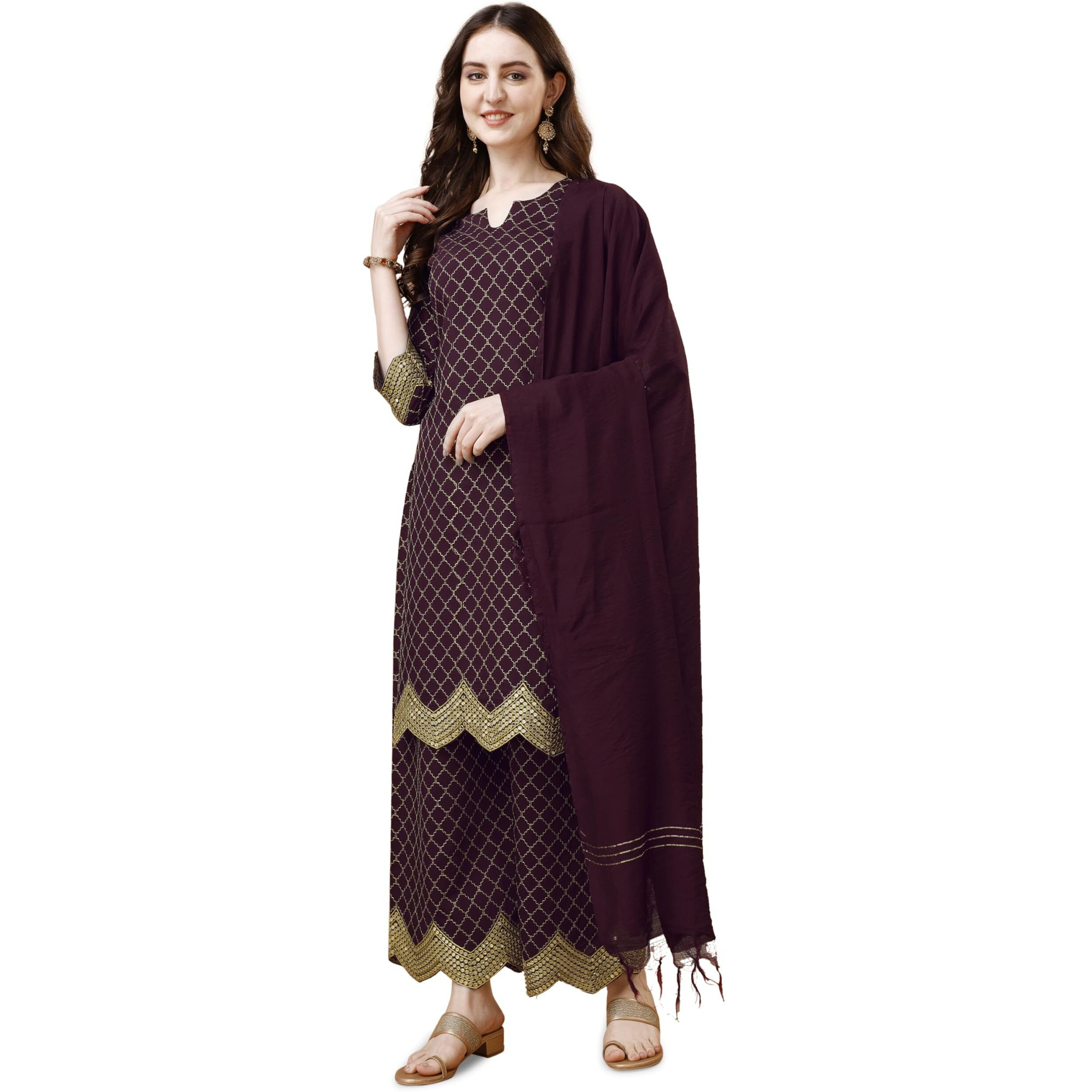 Pratham Blue Kurta Set for Women Silk Embroidered Straight Kurta Set for Women with Palazzos and Dupatta (PB-6088-L_Purple)