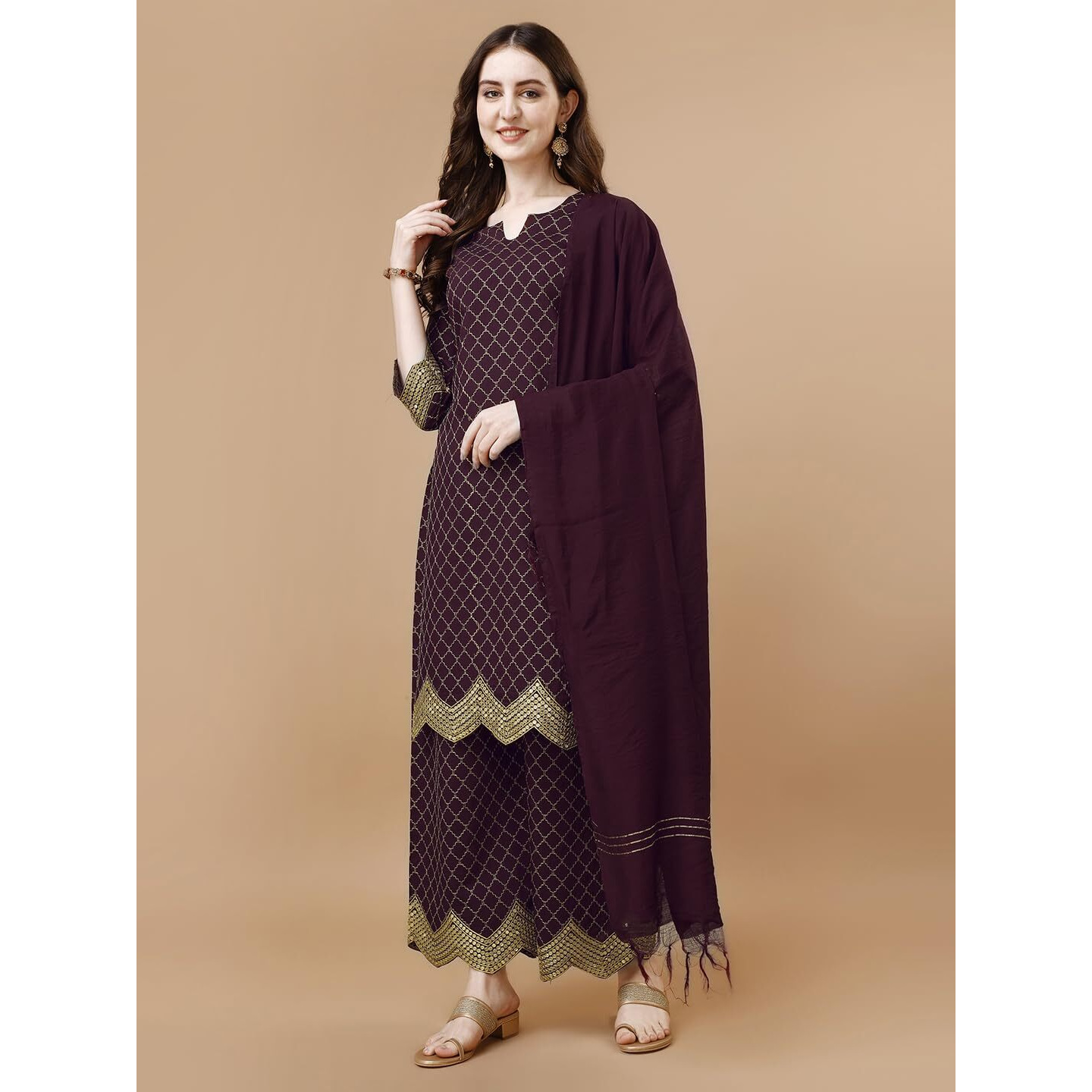 Pratham Blue Kurta Set for Women Silk Embroidered Straight Kurta Set for Women with Palazzos and Dupatta (PB-6088-L_Purple)