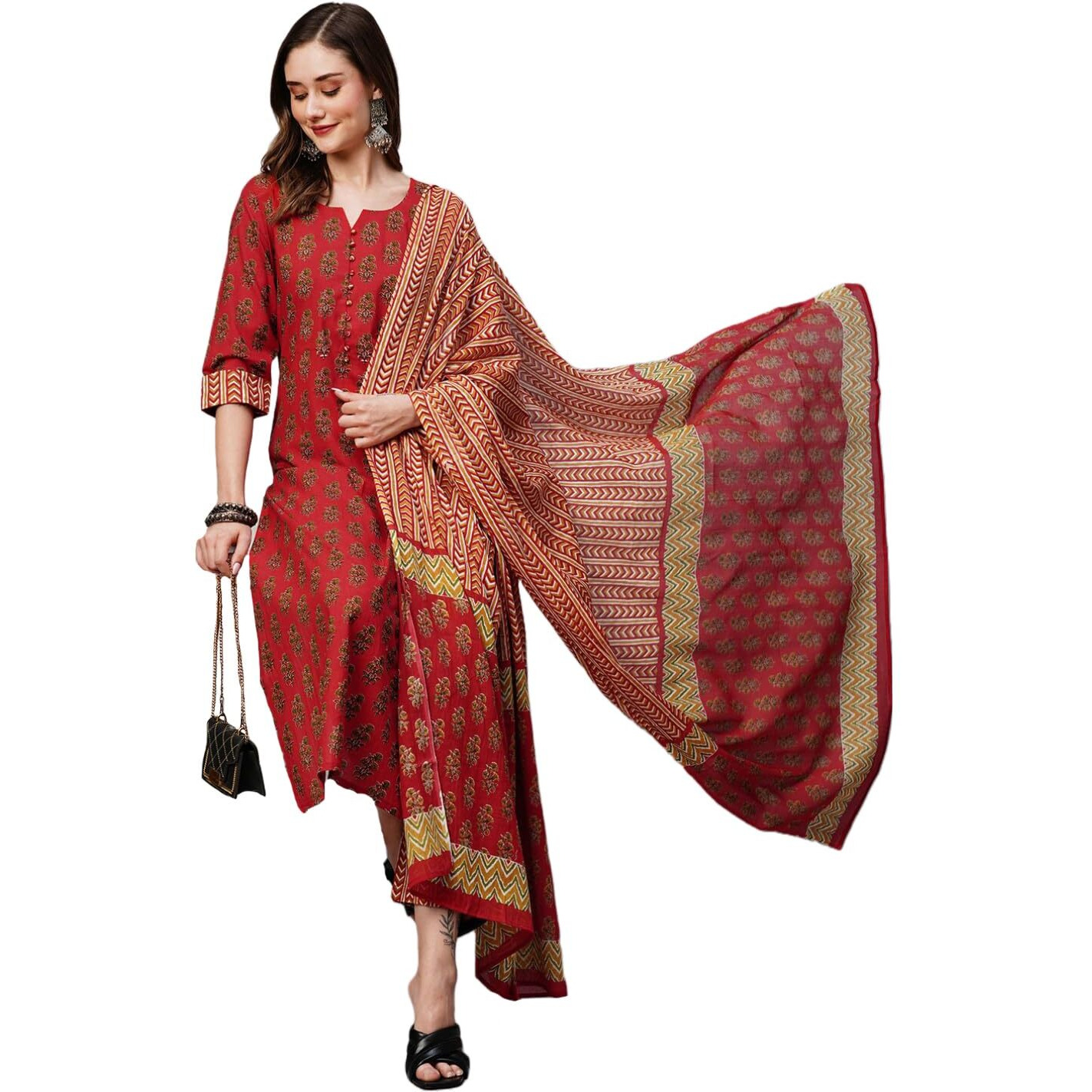ANNI DESIGNER Women's Cotton Blend Staright Printed Kurta with Pant & Dupatta (Gaytri Red_S_Red_Small)