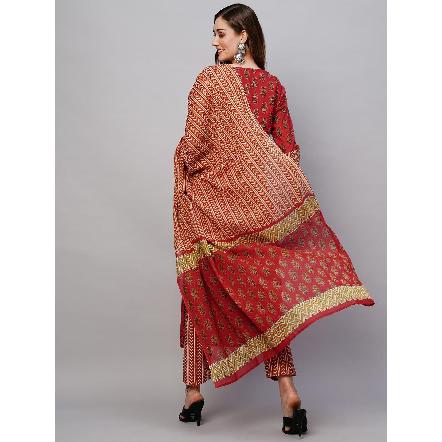 ANNI DESIGNER Women's Cotton Blend Staright Printed Kurta with Pant & Dupatta (Gaytri Red_S_Red_Small)