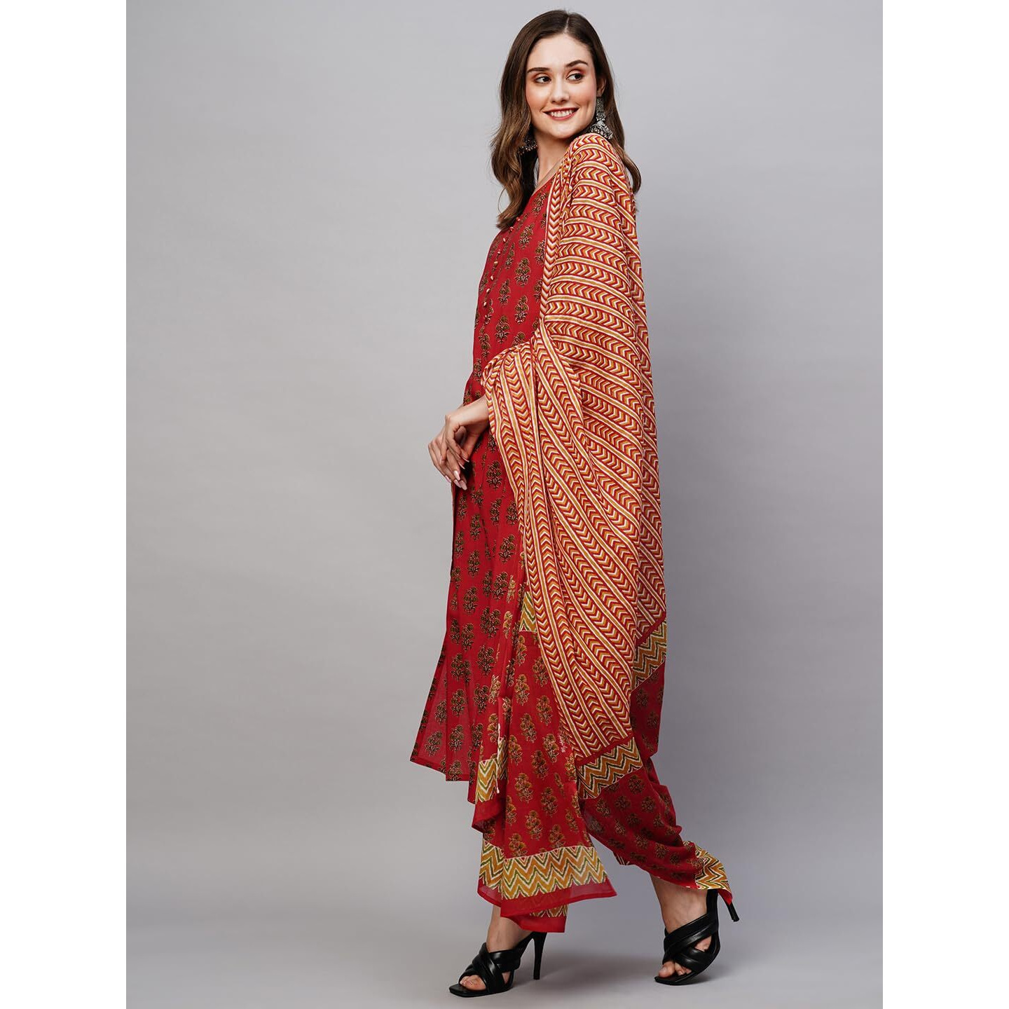 ANNI DESIGNER Women's Cotton Blend Staright Printed Kurta with Pant & Dupatta (Gaytri Red_S_Red_Small)