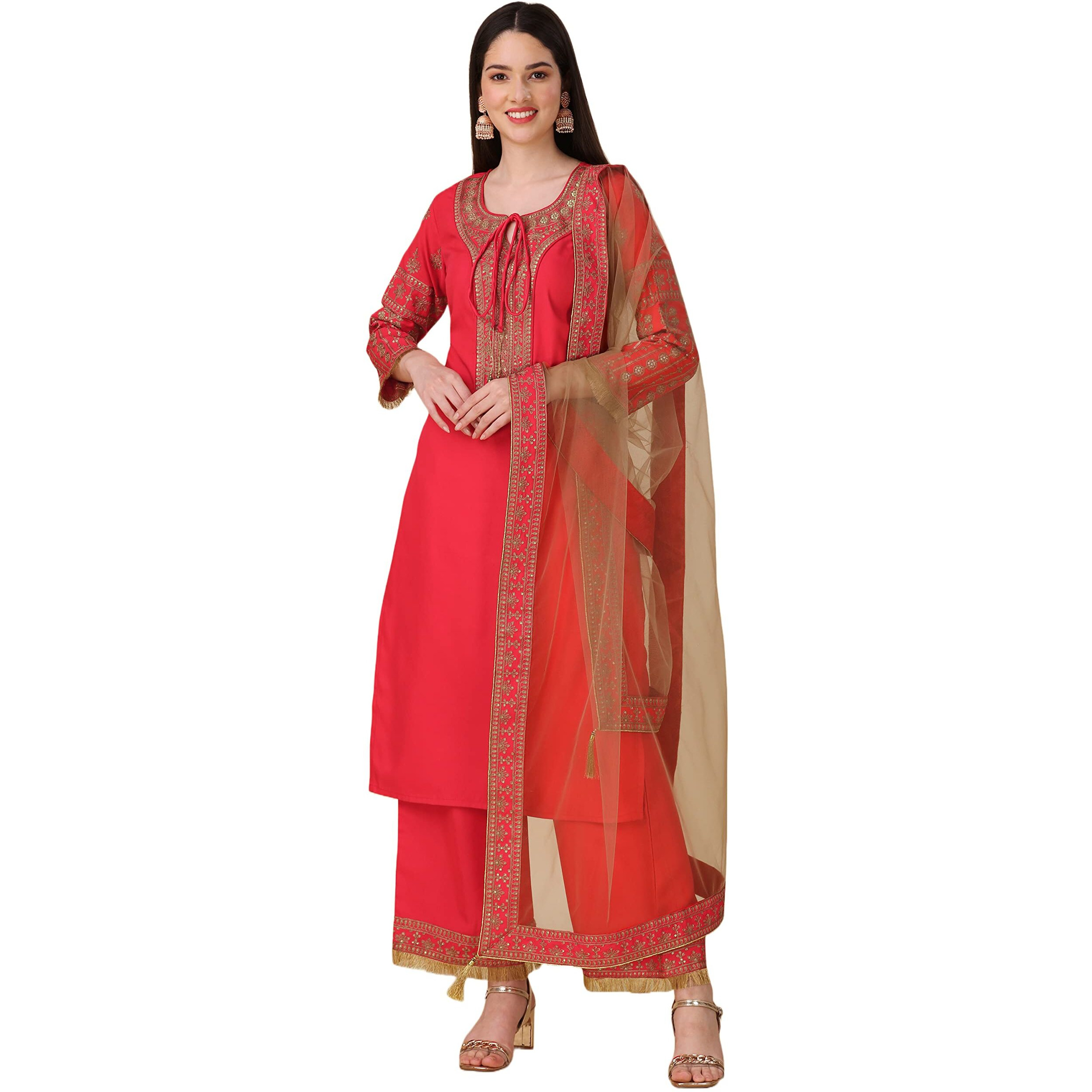 Modestouze Attires Elegant Embroidered Silk Blend Kurta Set for Women with Dupatta_(X-Large, Pink)