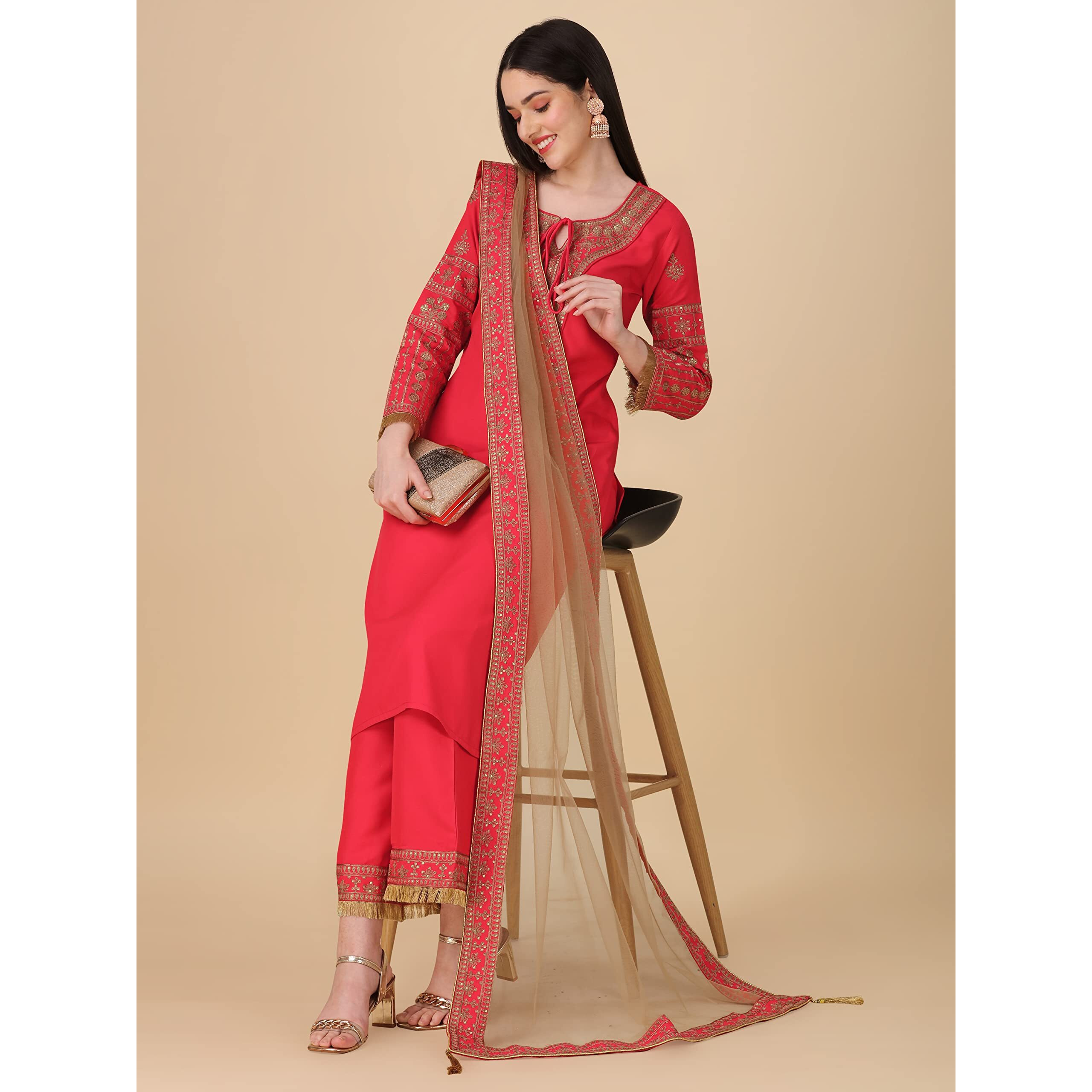 Modestouze Attires Elegant Embroidered Silk Blend Kurta Set for Women with Dupatta_(X-Large, Pink)