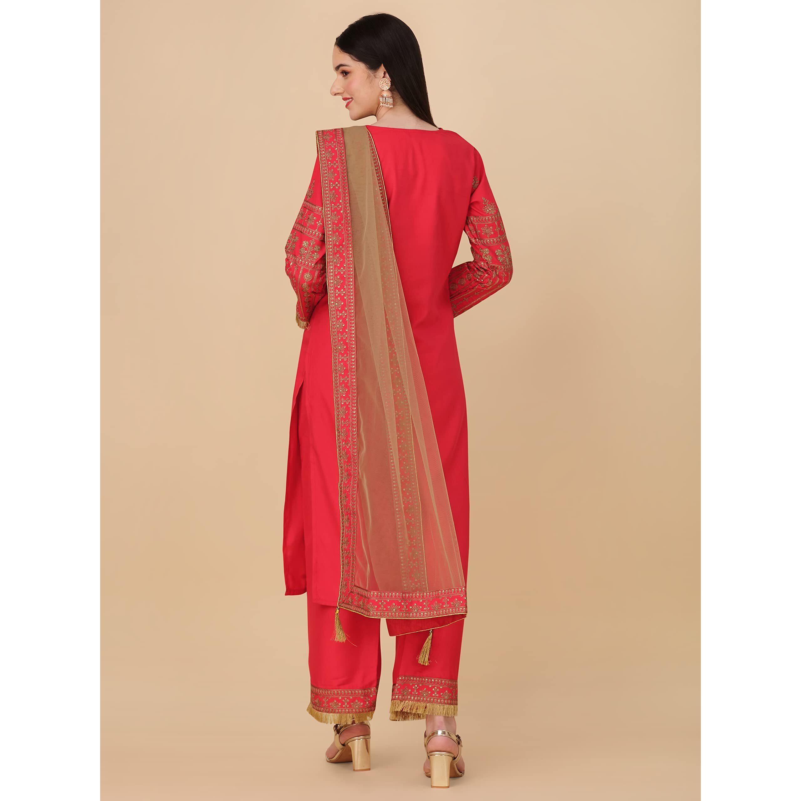 Modestouze Attires Elegant Embroidered Silk Blend Kurta Set for Women with Dupatta_(X-Large, Pink)