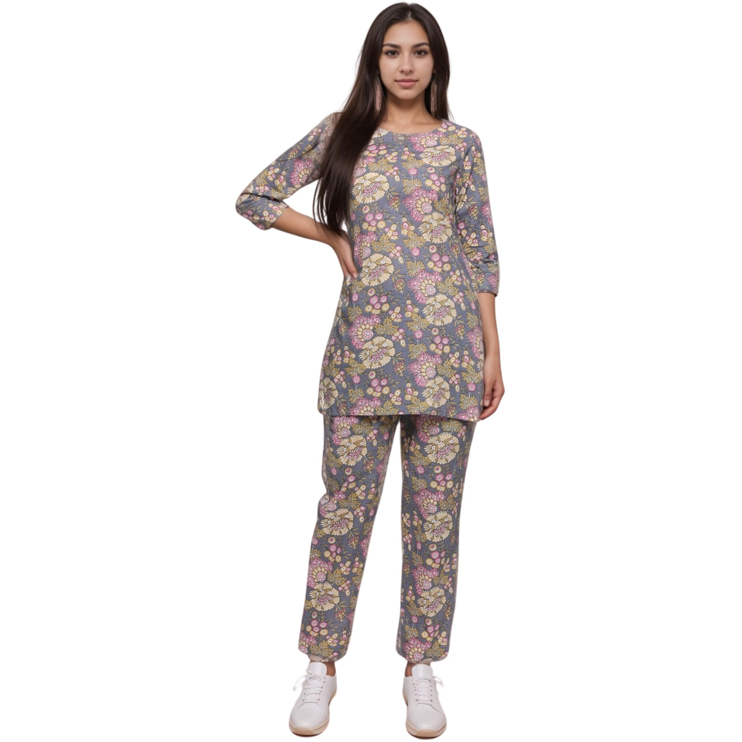SMOWKLY Women's Printed Rayon Slub Mid Thighs Short Kurti With Relaxed Fit Pant Sylish Co-Ords Set || Trendy 3/4 Sleeve Kurta & Palazzo Cord Pair (Grey-XX Large)