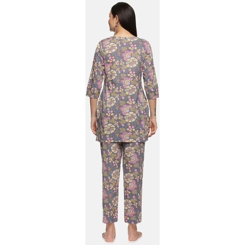 SMOWKLY Women's Printed Rayon Slub Mid Thighs Short Kurti With Relaxed Fit Pant Sylish Co-Ords Set || Trendy 3/4 Sleeve Kurta & Palazzo Cord Pair (Grey-XX Large)