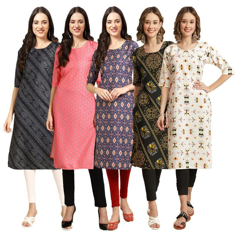 Pinkmint Women's Crepe Digital Print Straight Kurta [Pack of 5](NV-363-371-358-390-386-L)
