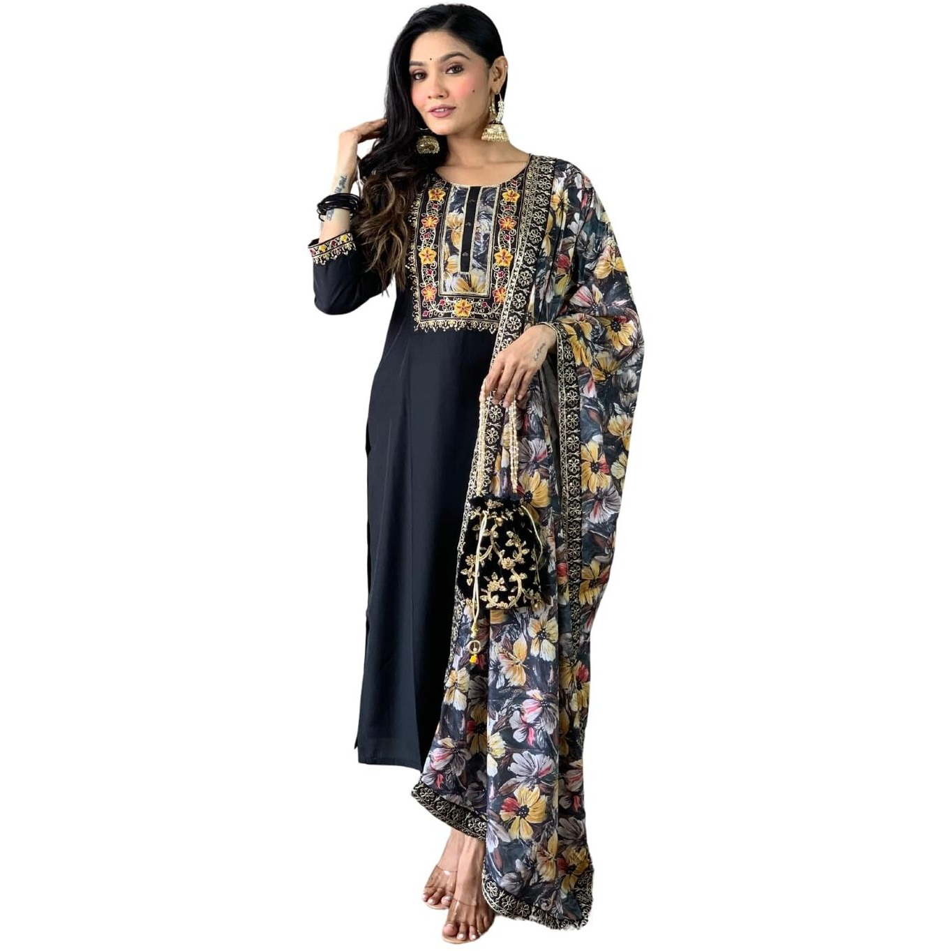 Naixa Women's Black Chanderi Viscose Embroidered Straight Kurta with Pant and Crep Silk Printed Dupatta Sets (NX-S-Hazel-Black-XL)