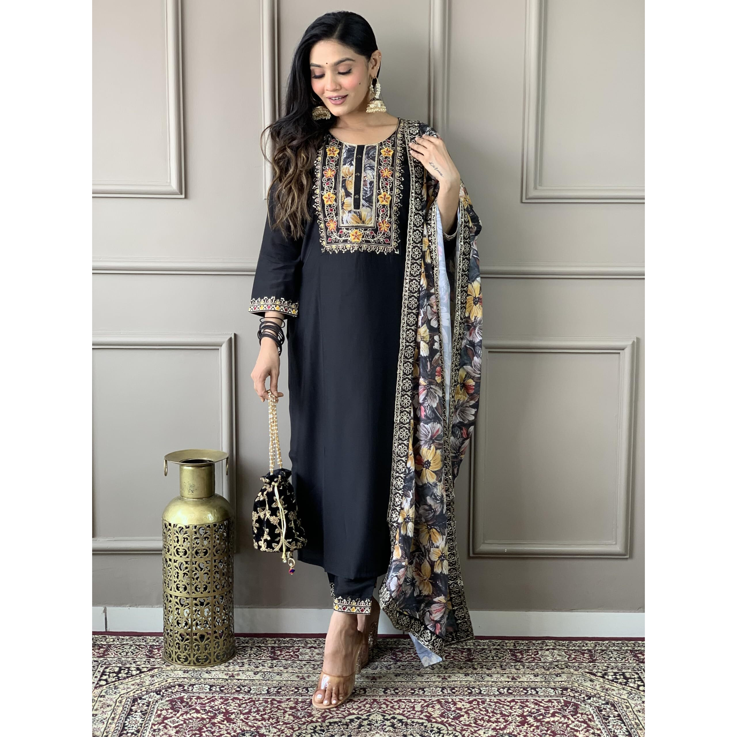 Naixa Women's Black Chanderi Viscose Embroidered Straight Kurta with Pant and Crep Silk Printed Dupatta Sets (NX-S-Hazel-Black-XL)