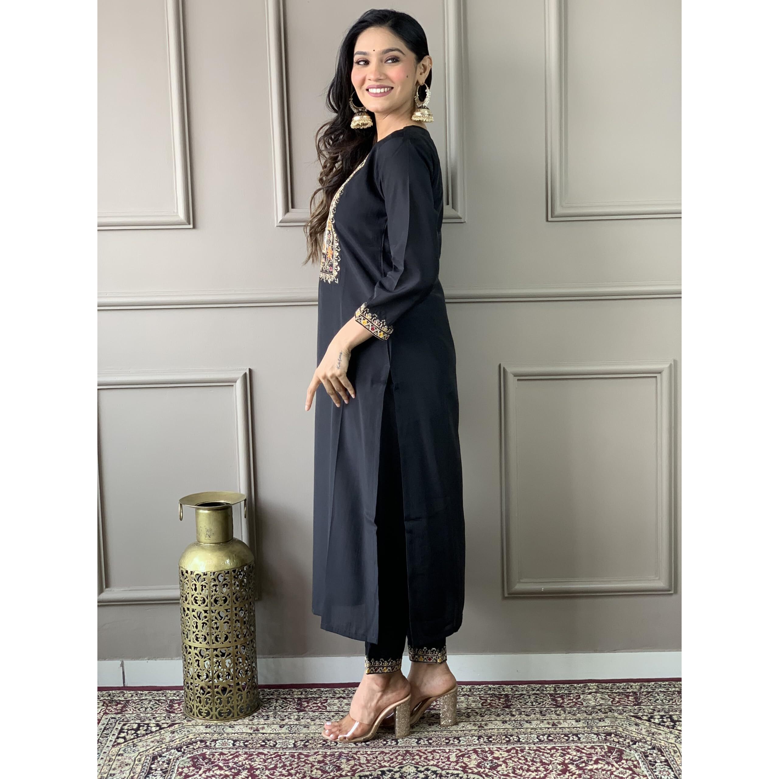Naixa Women's Black Chanderi Viscose Embroidered Straight Kurta with Pant and Crep Silk Printed Dupatta Sets (NX-S-Hazel-Black-XL)