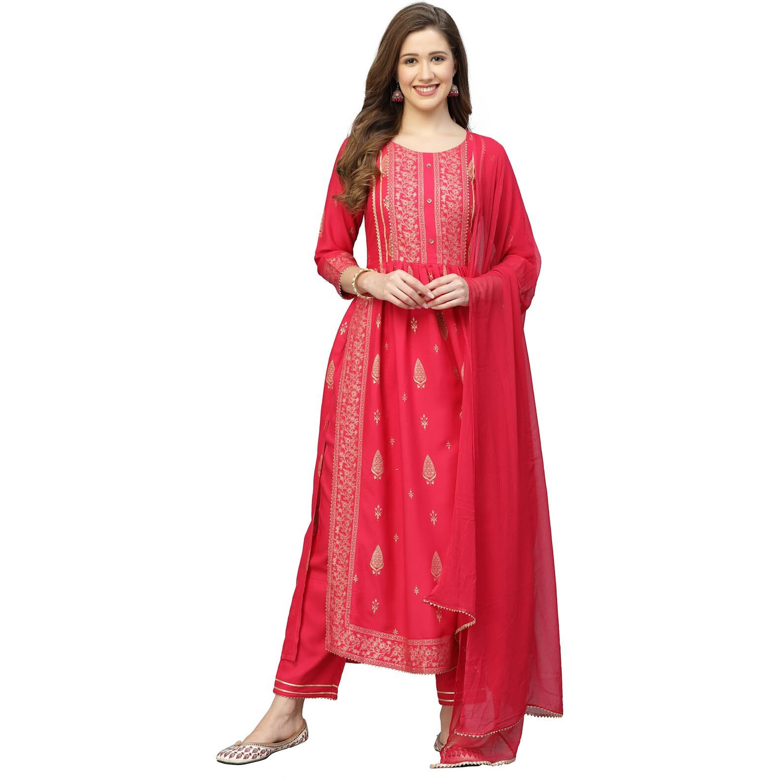 Stylum Women's Gold Printed Rayon Naira Cut Kurta Pant Dupatta Set (KPDROSO36_Fuchsia, S)