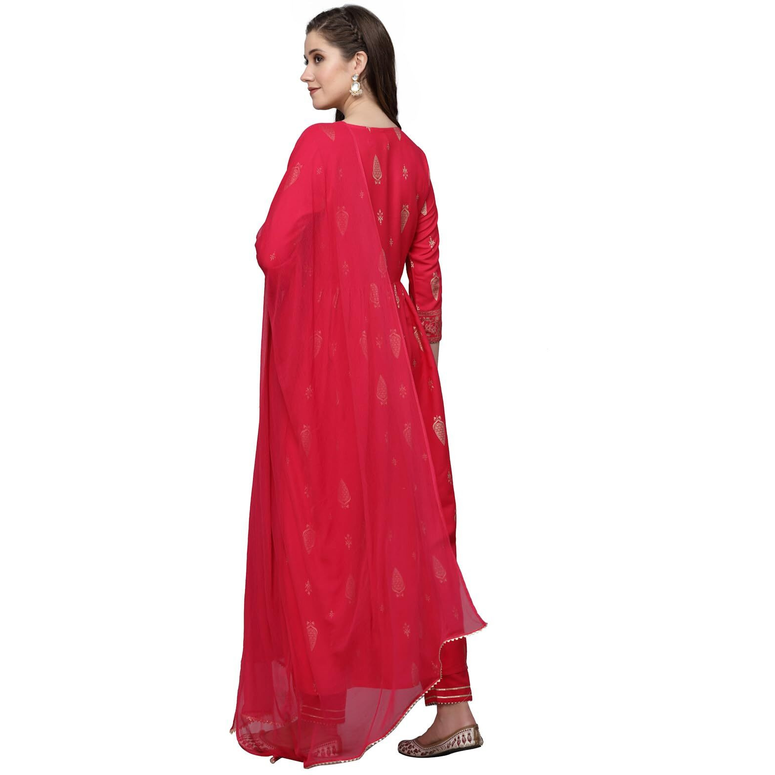 Stylum Women's Gold Printed Rayon Naira Cut Kurta Pant Dupatta Set (KPDROSO36_Fuchsia, S)
