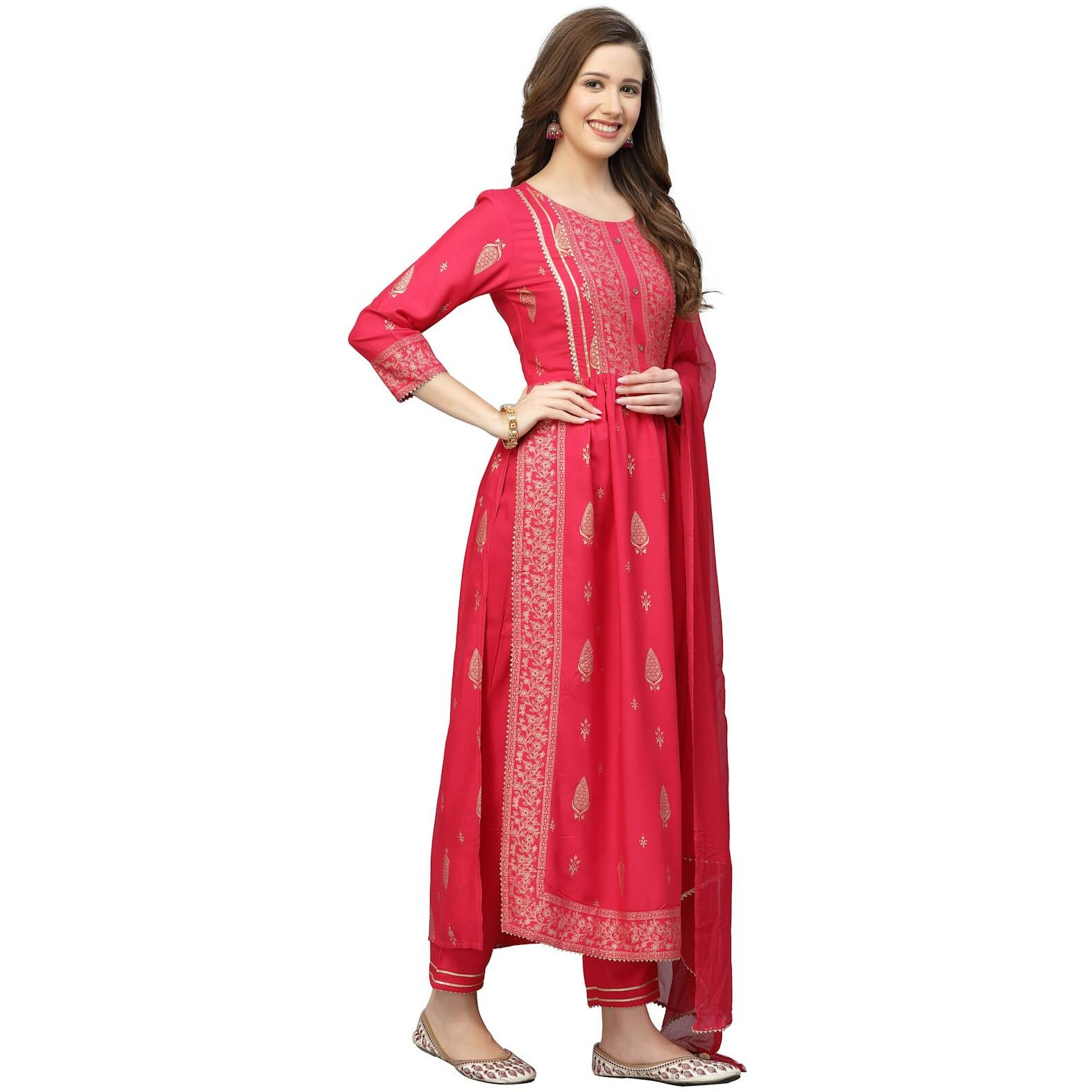 Stylum Women's Gold Printed Rayon Naira Cut Kurta Pant Dupatta Set (KPDROSO36_Fuchsia, S)