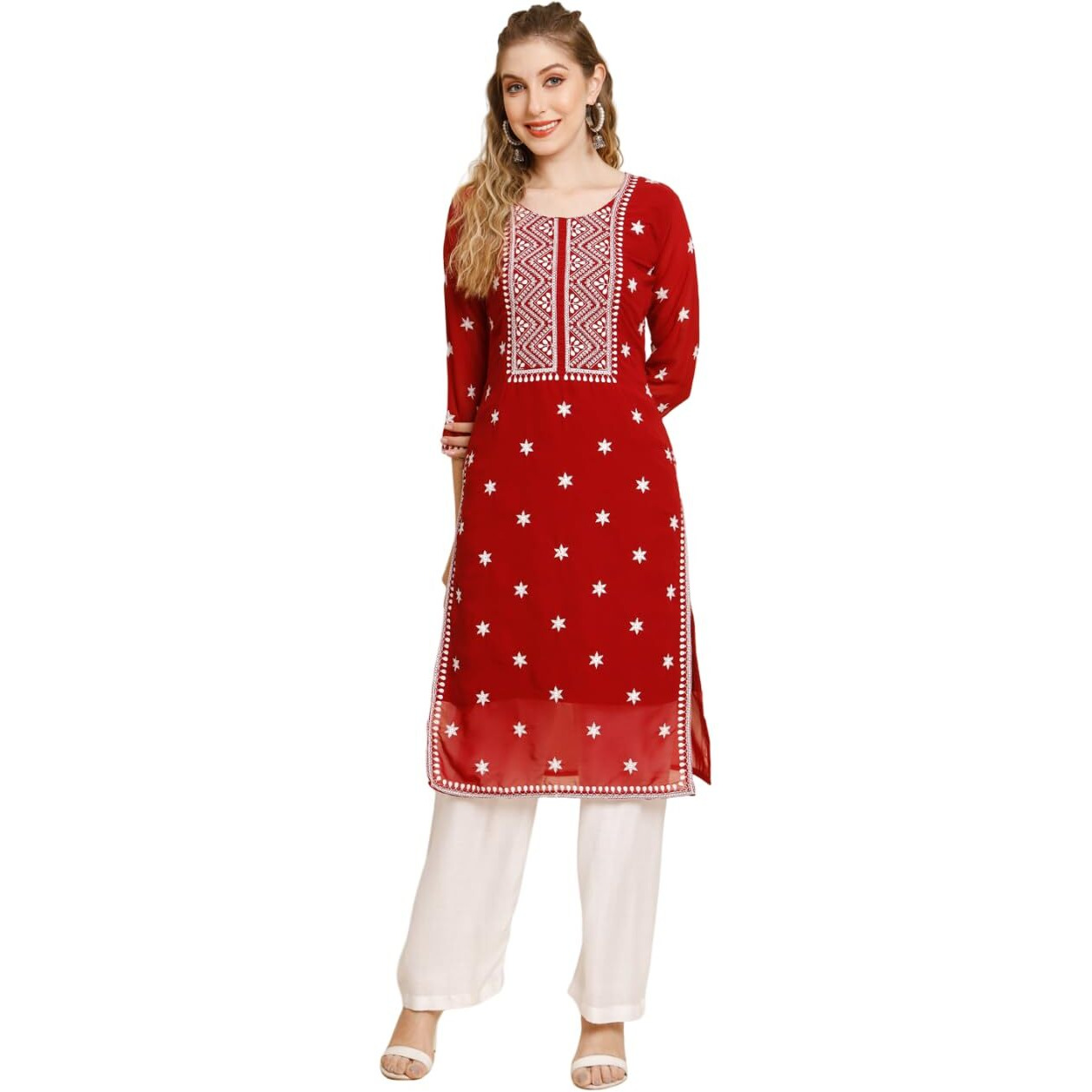 VAIRAGEE Women's Georgette Straight Cut Round Neck Kurta with Beautiful Embroidery Thread Work (1553) Red