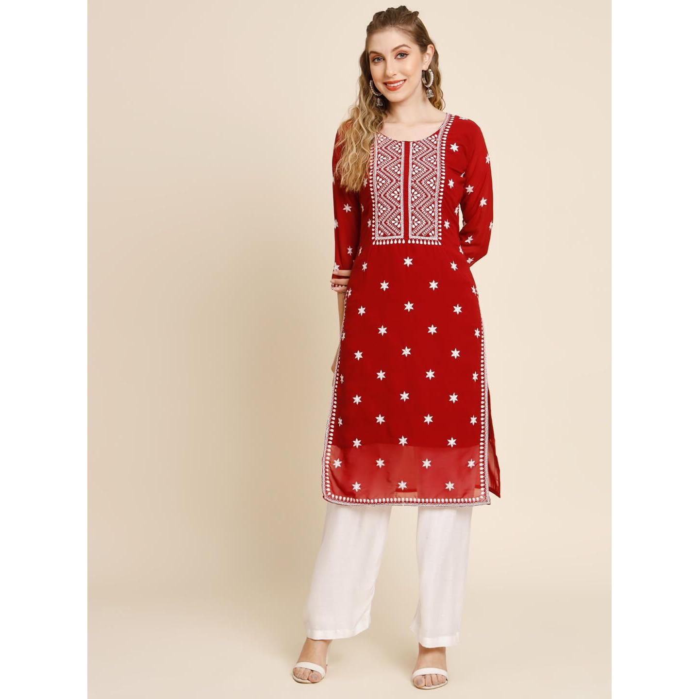 VAIRAGEE Women's Georgette Straight Cut Round Neck Kurta with Beautiful Embroidery Thread Work (1553) Red