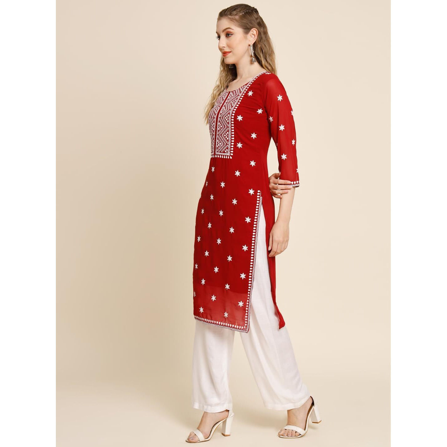 VAIRAGEE Women's Georgette Straight Cut Round Neck Kurta with Beautiful Embroidery Thread Work (1553) Red