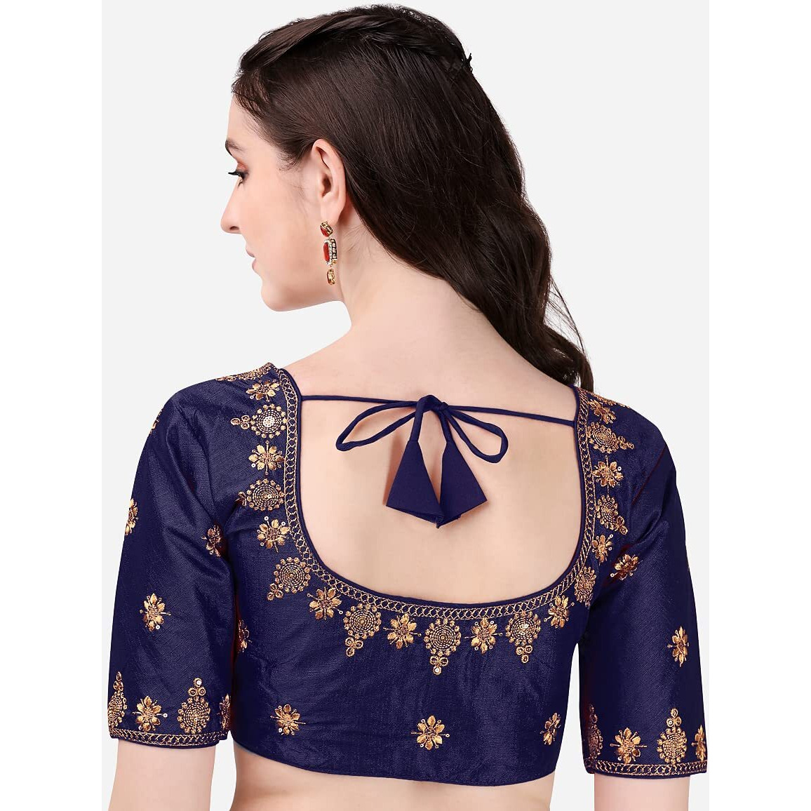 Pujia Mills Women's Silk Embroidery Coding Multi Work Readymade Saree Blouse(Reena Navy Blue_38)