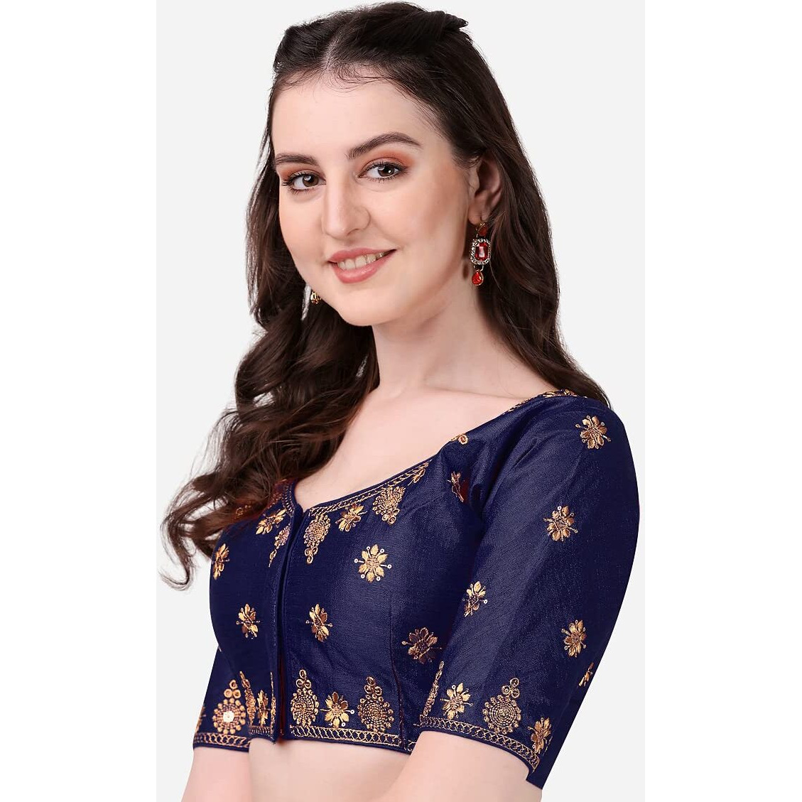 Pujia Mills Women's Silk Embroidery Coding Multi Work Readymade Saree Blouse(Reena Navy Blue_38)