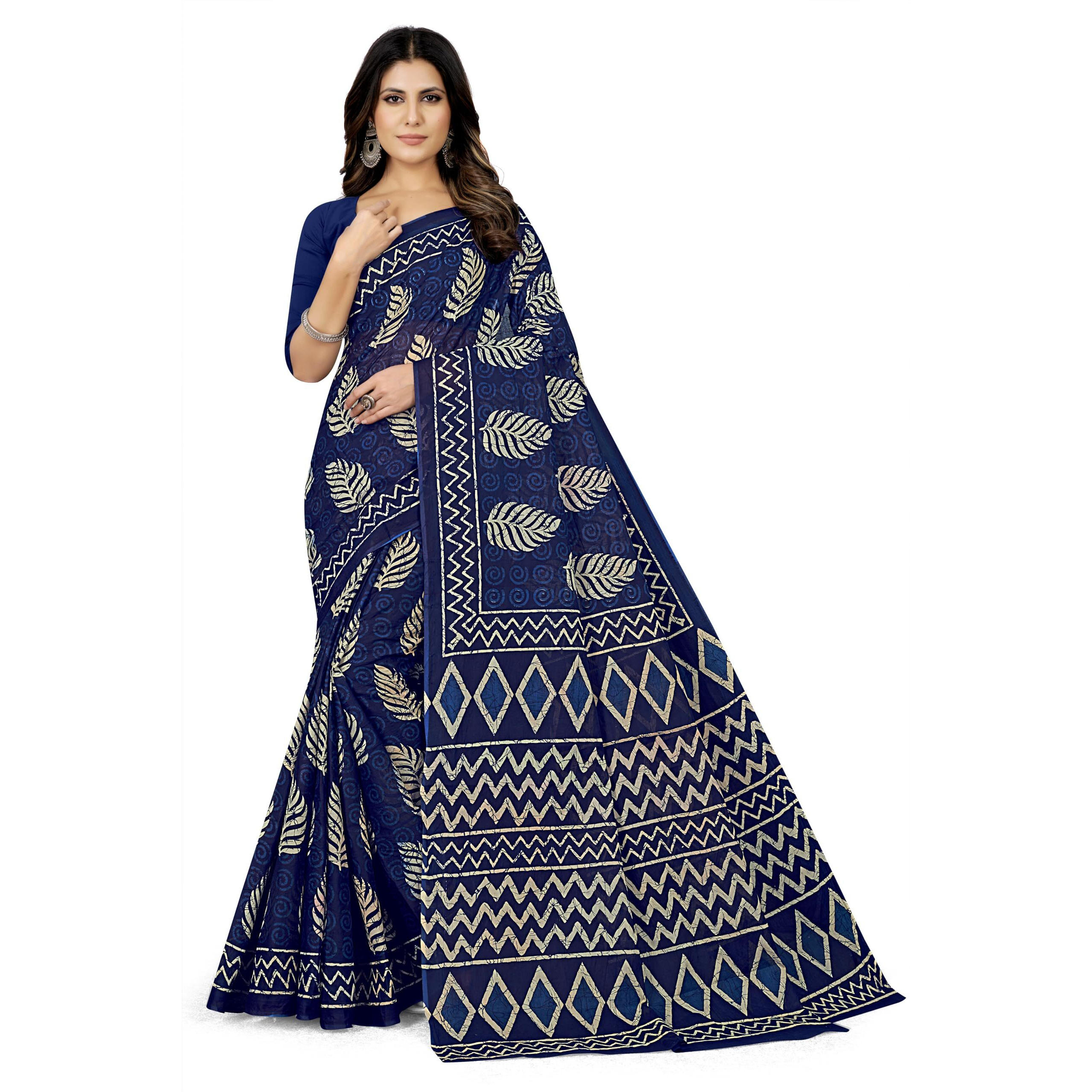 TAMAIRA FASHION Women's Batik Printed Pure Cotton Saree Without Blouse Piece(2458_Indigo)