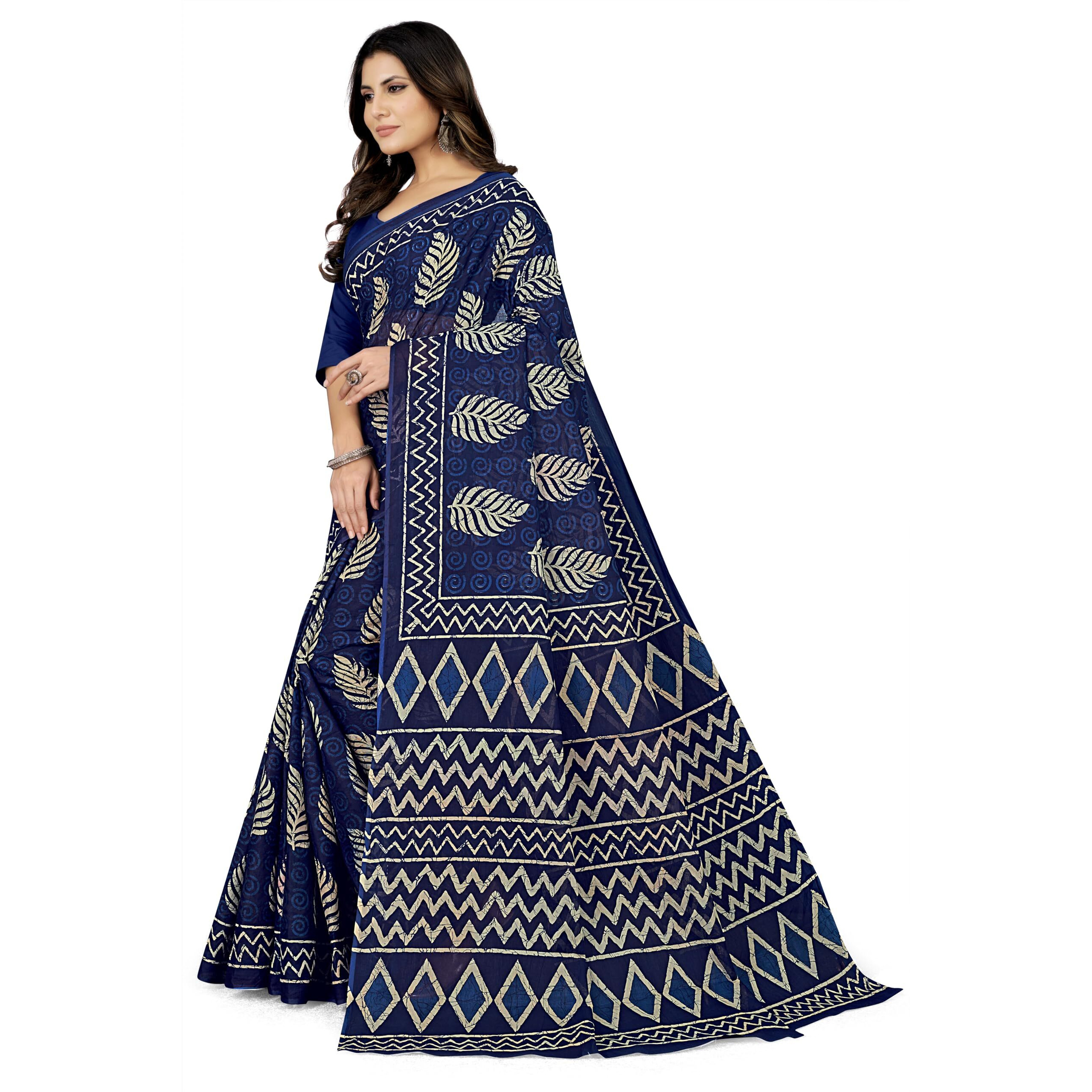 TAMAIRA FASHION Women's Batik Printed Pure Cotton Saree Without Blouse Piece(2458_Indigo)