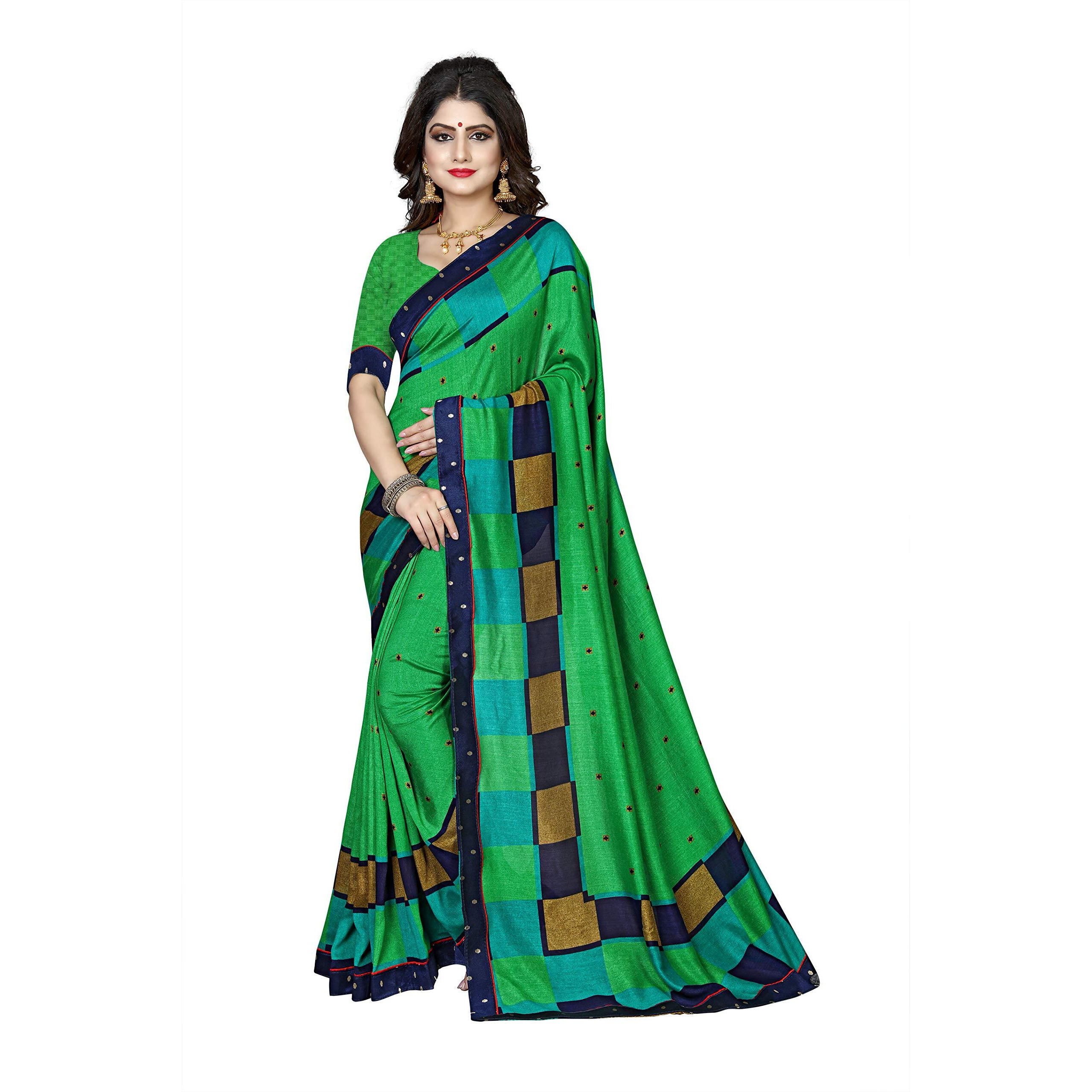 OOMPH Womens Linen Silk Blend Printed Kalamkari Sarees with Tassles - Parakeet Green & Navy Blue