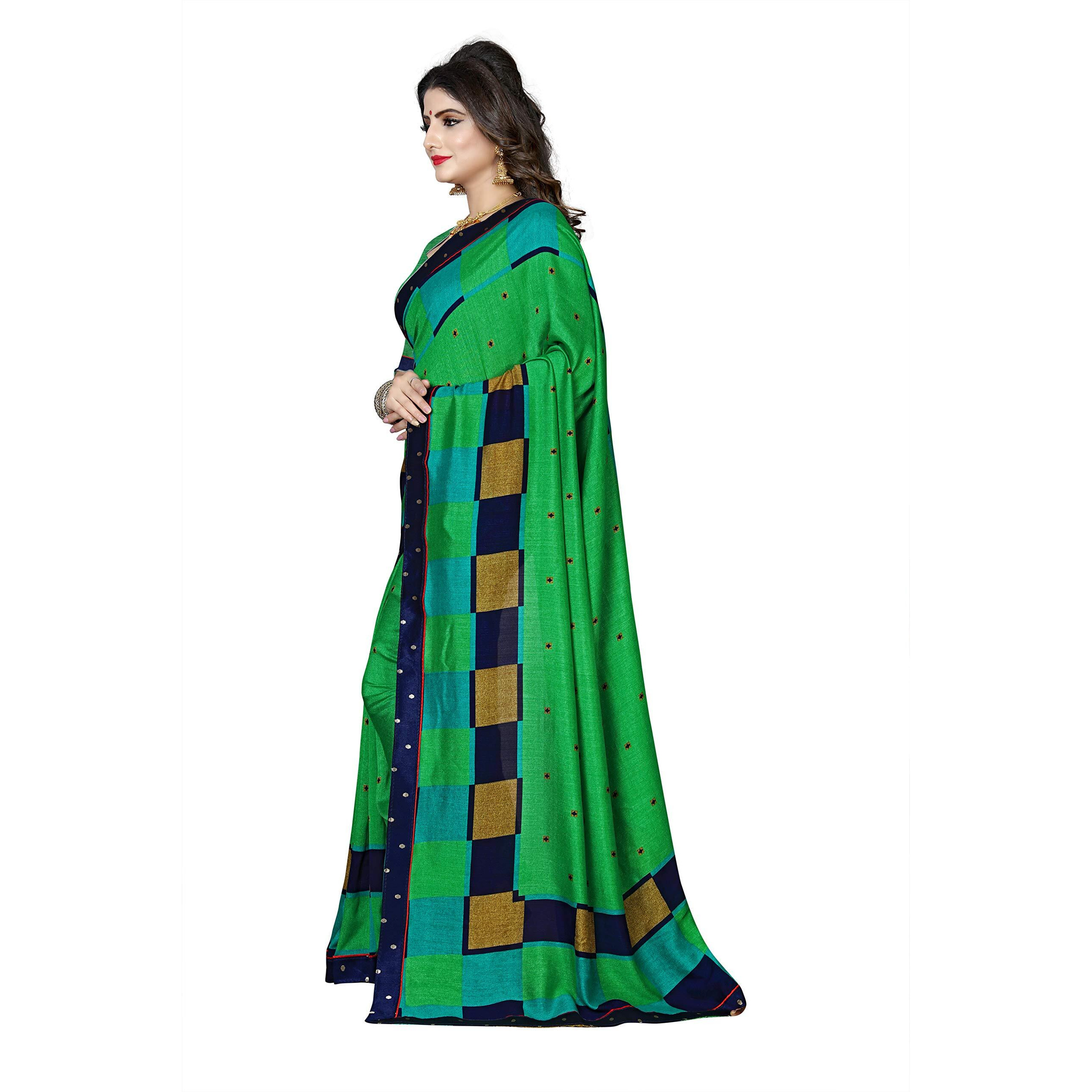 OOMPH Womens Linen Silk Blend Printed Kalamkari Sarees with Tassles - Parakeet Green & Navy Blue
