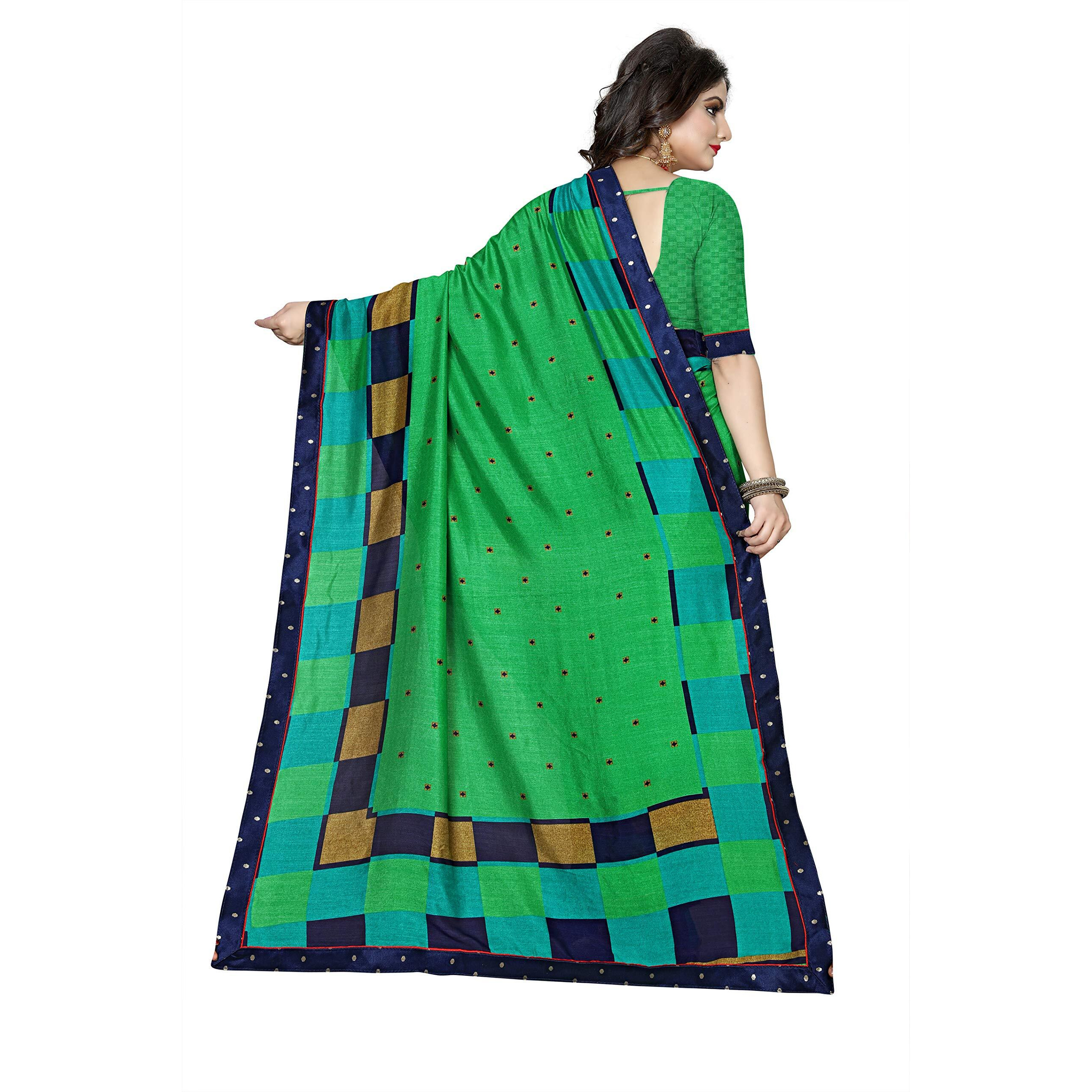 OOMPH Womens Linen Silk Blend Printed Kalamkari Sarees with Tassles - Parakeet Green & Navy Blue