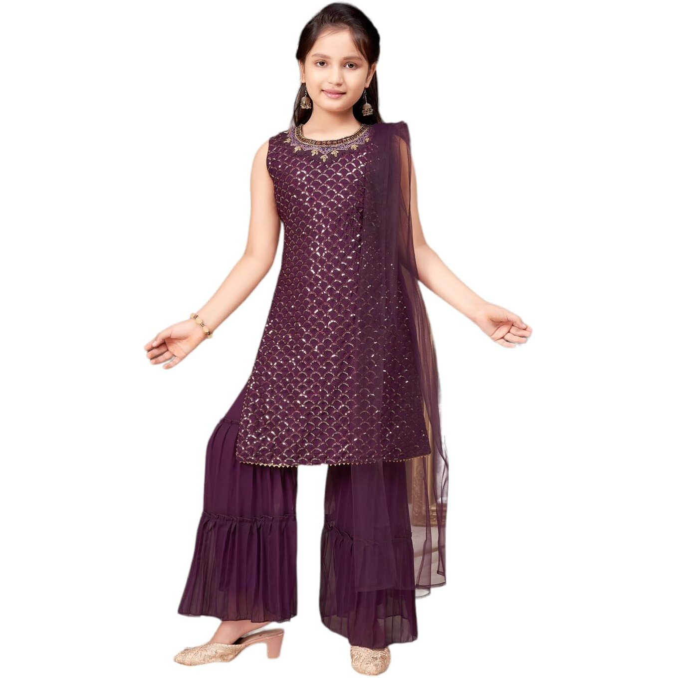 Aarika Girls Ethnic Wear Purple Colour Sequin Embroidery Georgette Kurti Sharara Set (4-10 Years)