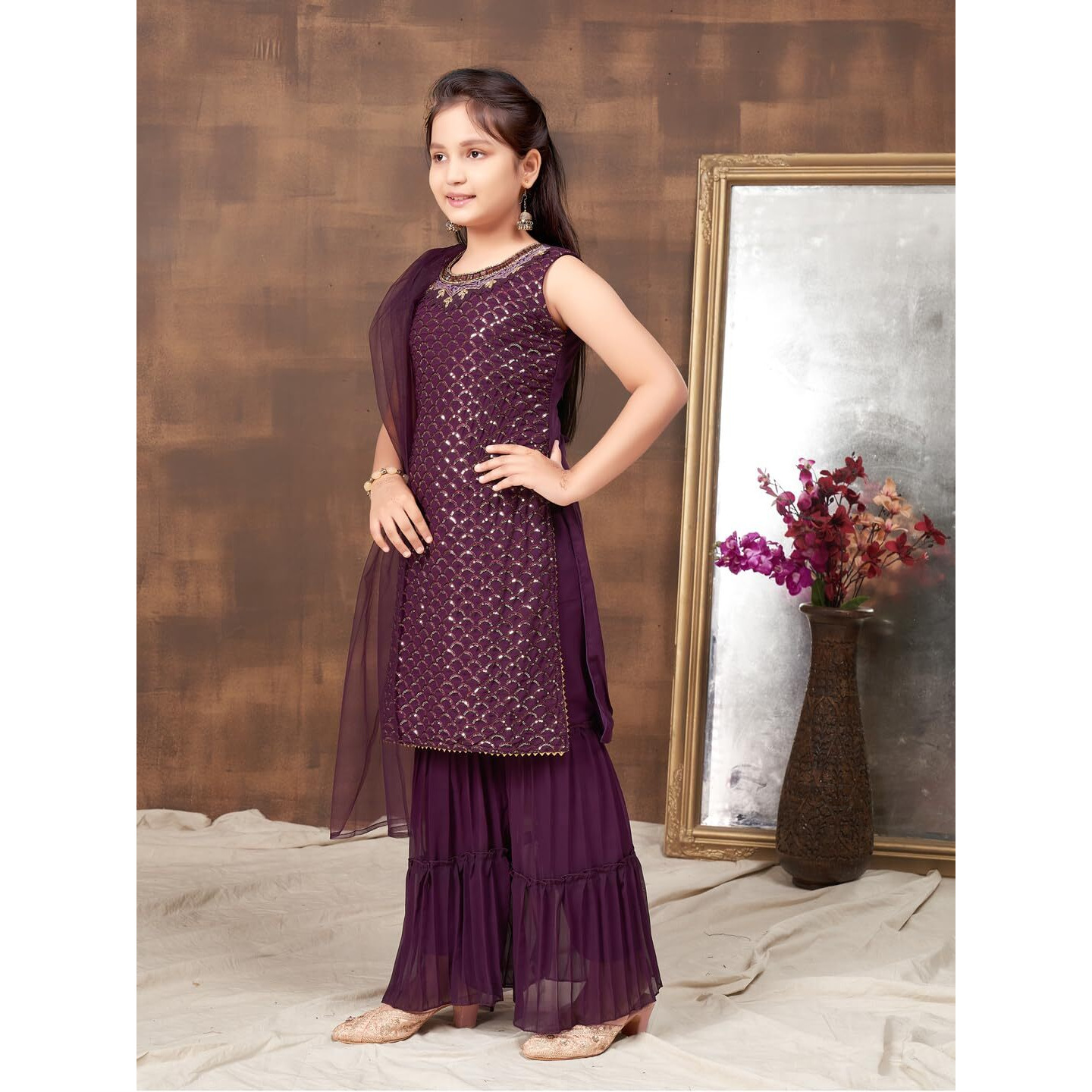 Aarika Girls Ethnic Wear Purple Colour Sequin Embroidery Georgette Kurti Sharara Set (4-10 Years)