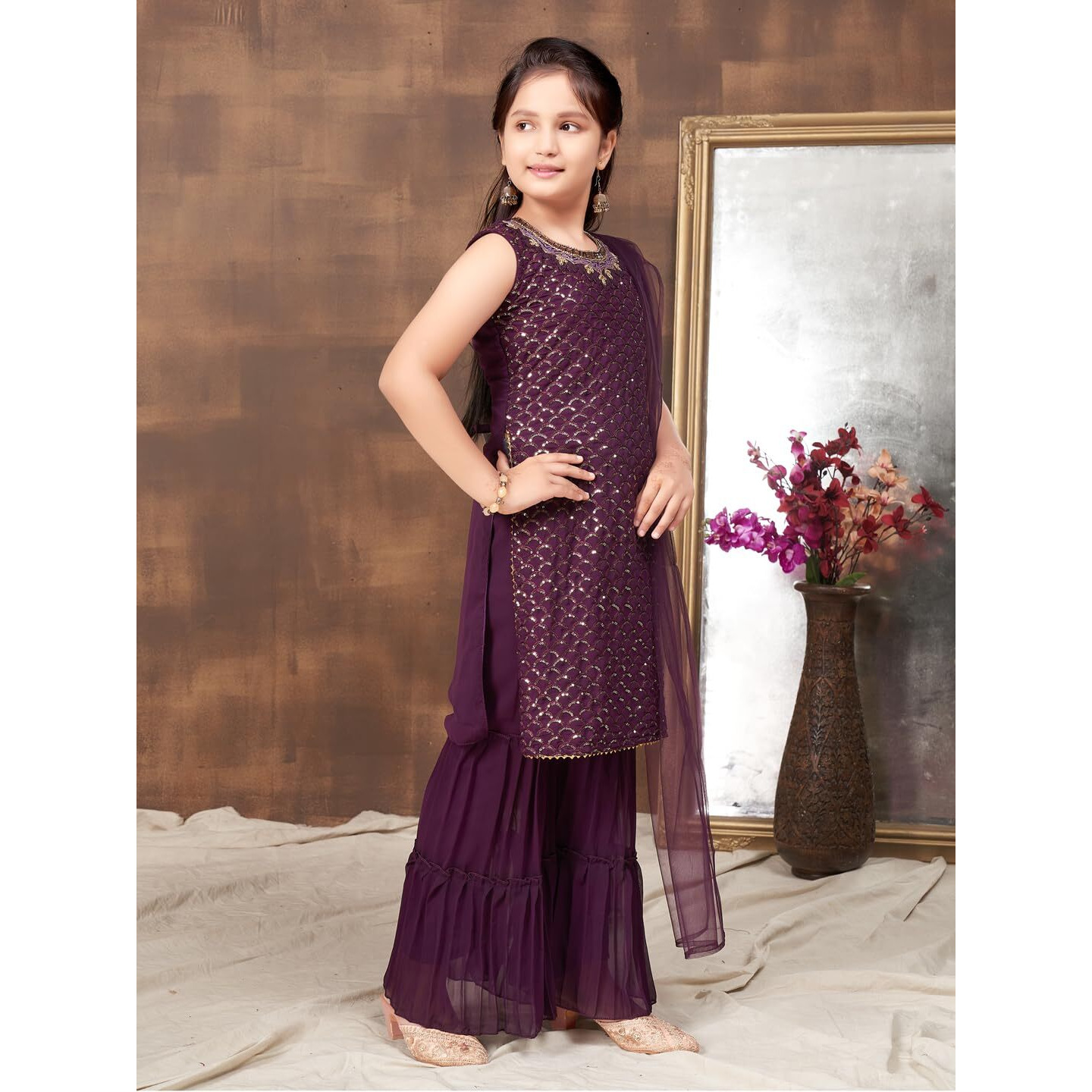 Aarika Girls Ethnic Wear Purple Colour Sequin Embroidery Georgette Kurti Sharara Set (4-10 Years)