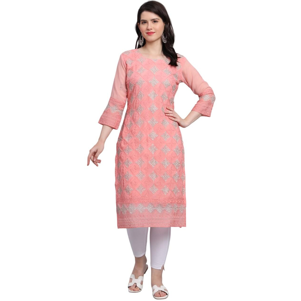 Ekasya Women's Georgette Straight Cut Sweetheart Round Neck Kurta with Beautiful Lucknowi Chickenkari Embroidery Work (E1606) Orange