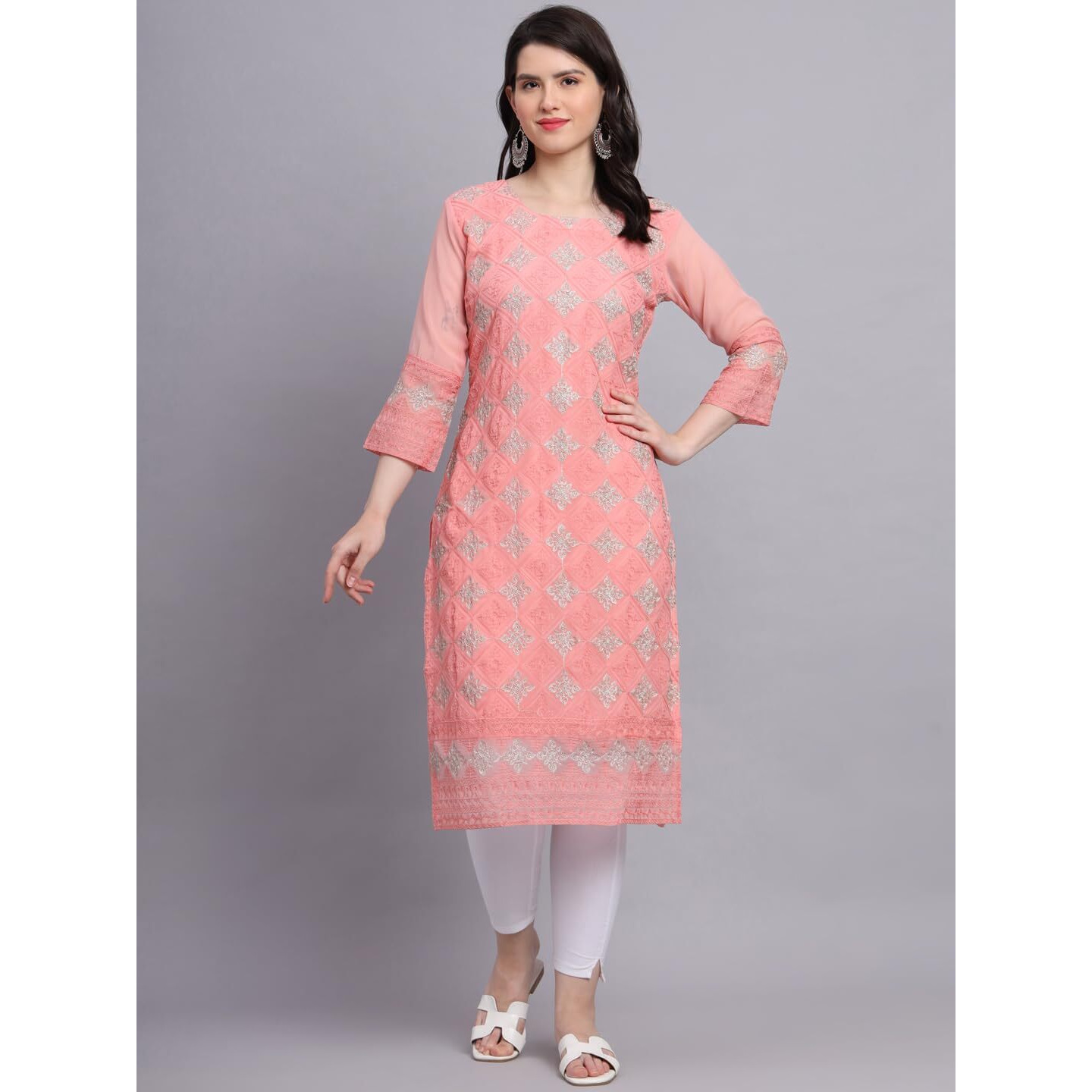 Ekasya Women's Georgette Straight Cut Sweetheart Round Neck Kurta with Beautiful Lucknowi Chickenkari Embroidery Work (E1606) Orange