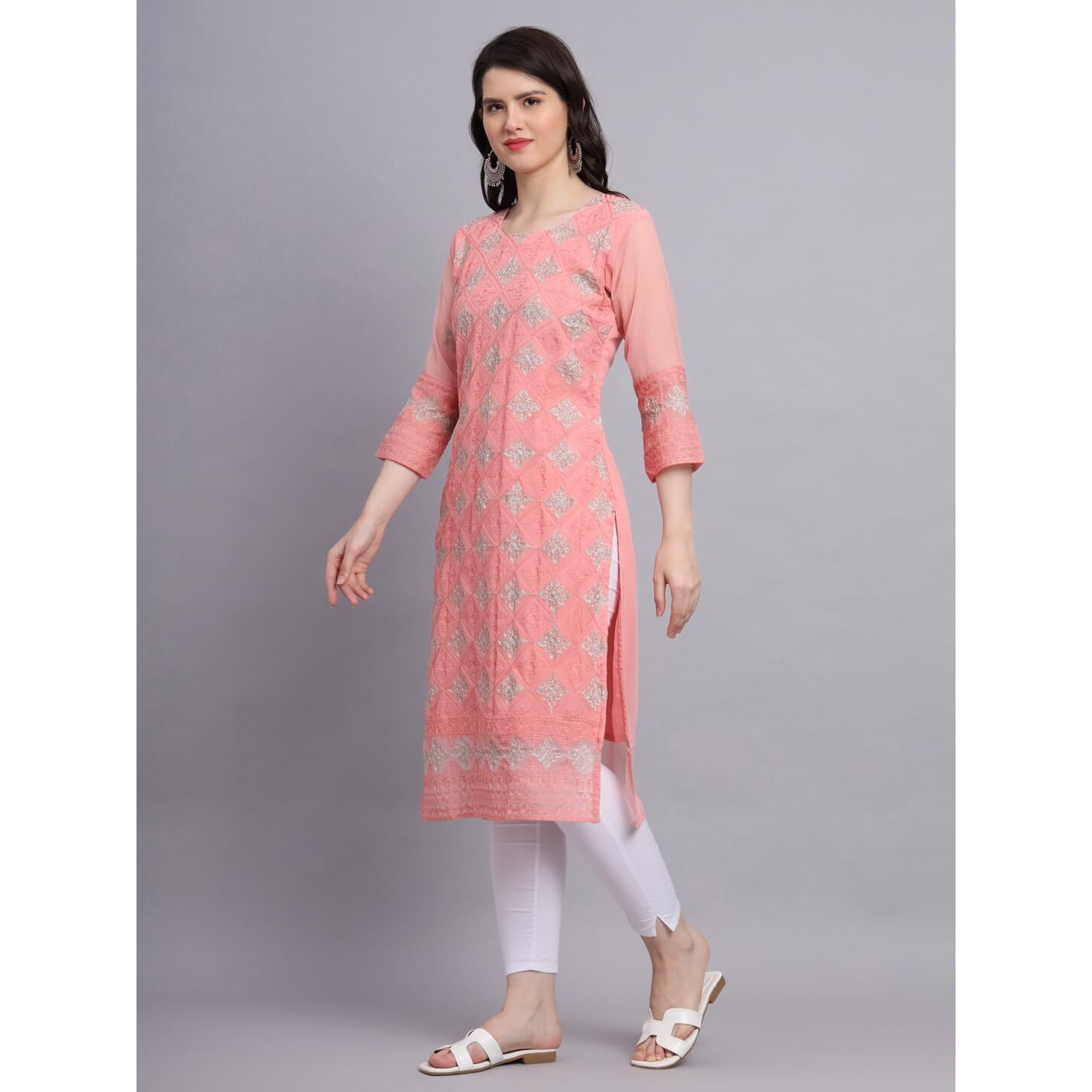 Ekasya Women's Georgette Straight Cut Sweetheart Round Neck Kurta with Beautiful Lucknowi Chickenkari Embroidery Work (E1606) Orange