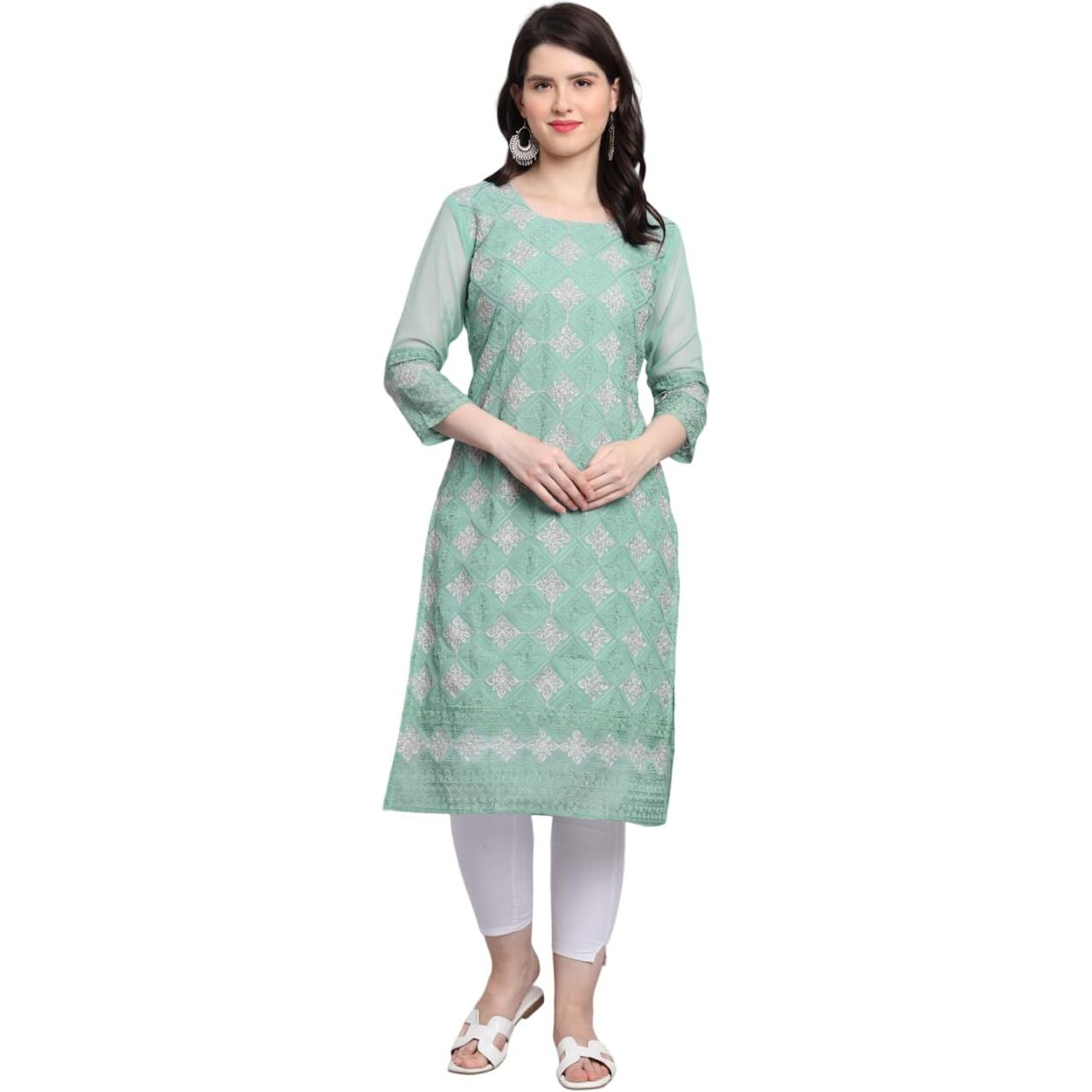 Ekasya Women's Georgette Straight Cut Sweetheart Round Neck Kurta with Beautiful Lucknowi Chickenkari Embroidery Work (E1606) Light Green