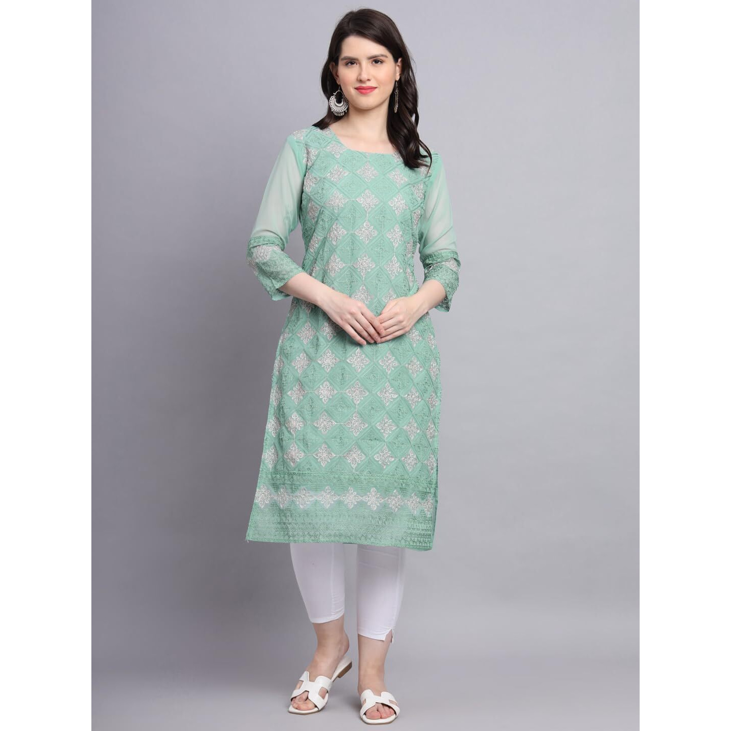 Ekasya Women's Georgette Straight Cut Sweetheart Round Neck Kurta with Beautiful Lucknowi Chickenkari Embroidery Work (E1606) Light Green