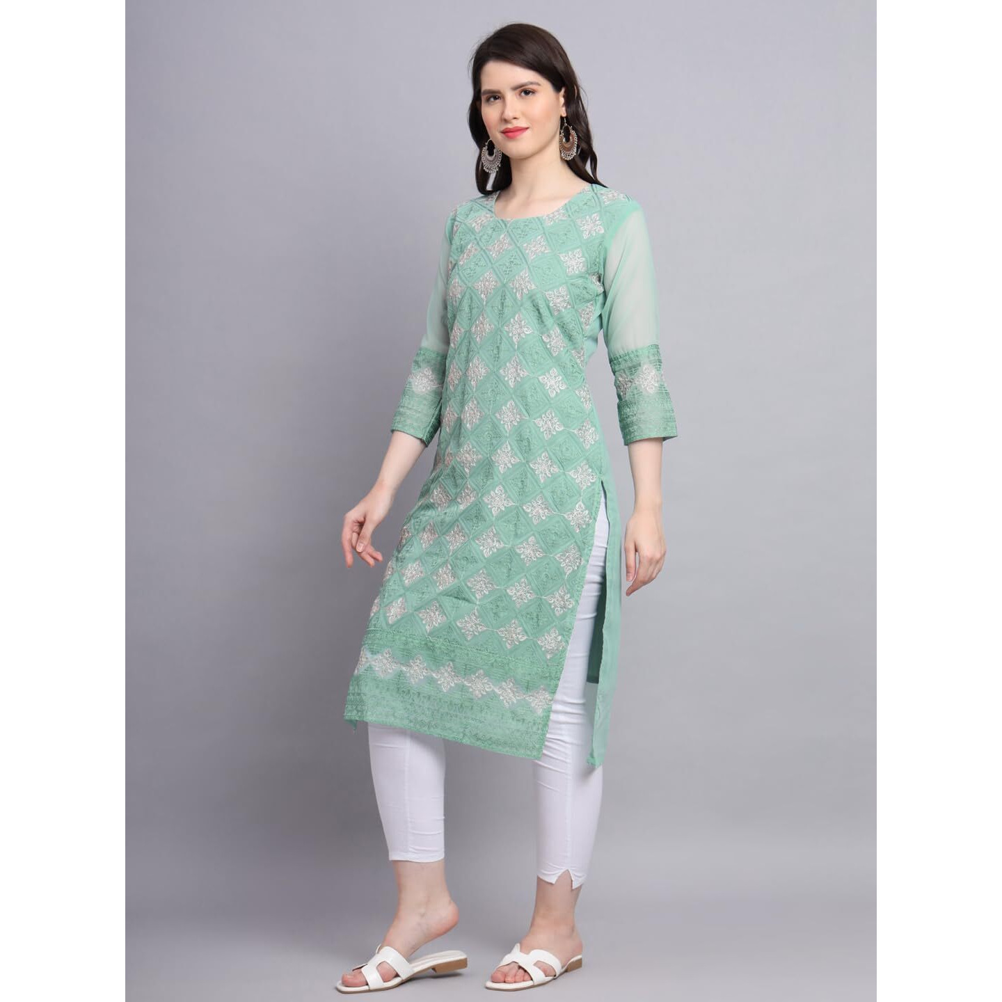 Ekasya Women's Georgette Straight Cut Sweetheart Round Neck Kurta with Beautiful Lucknowi Chickenkari Embroidery Work (E1606) Light Green
